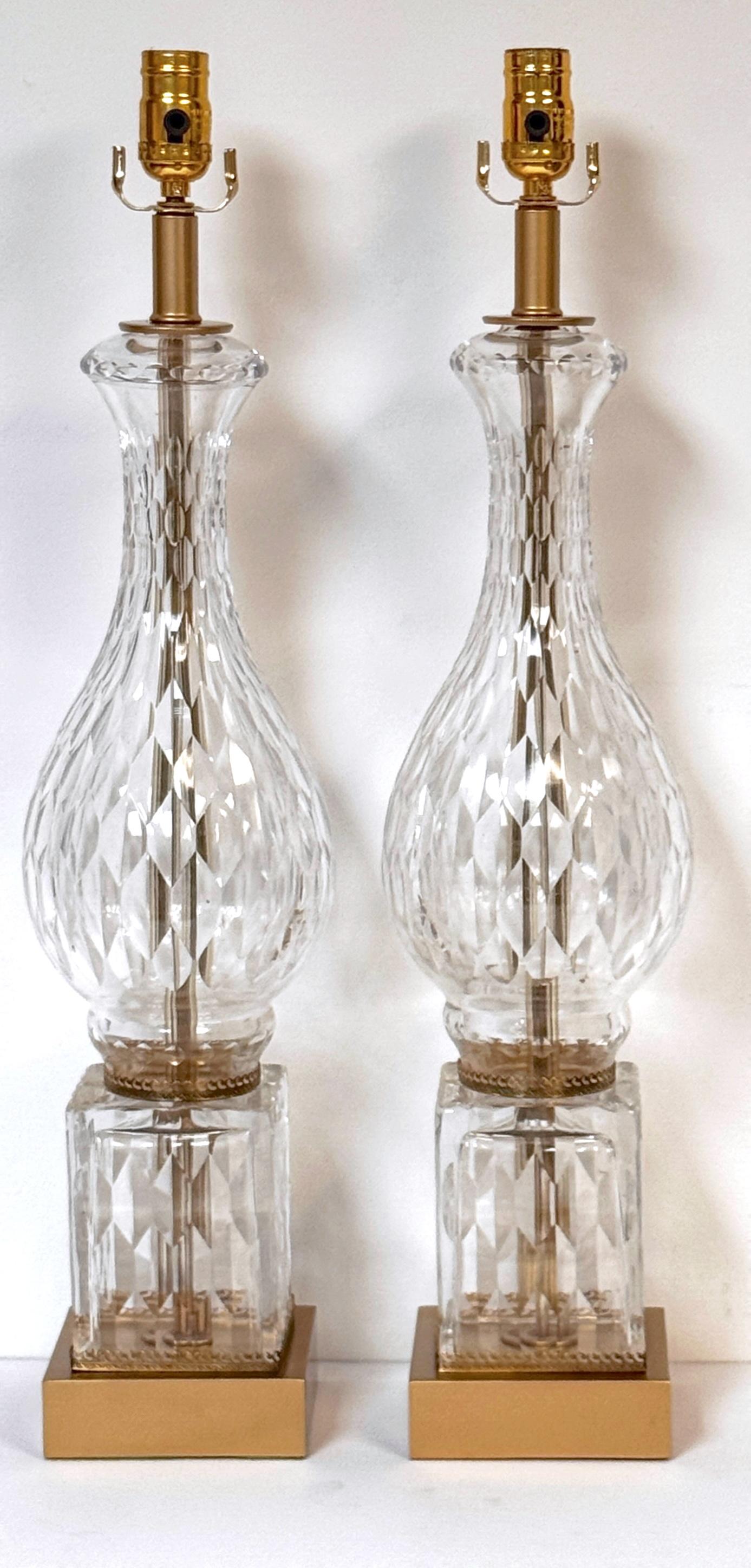 Patinated Pair of Baccarat (Attributed) Crystal Baluster Column Lamps, France Circa 1950s For Sale