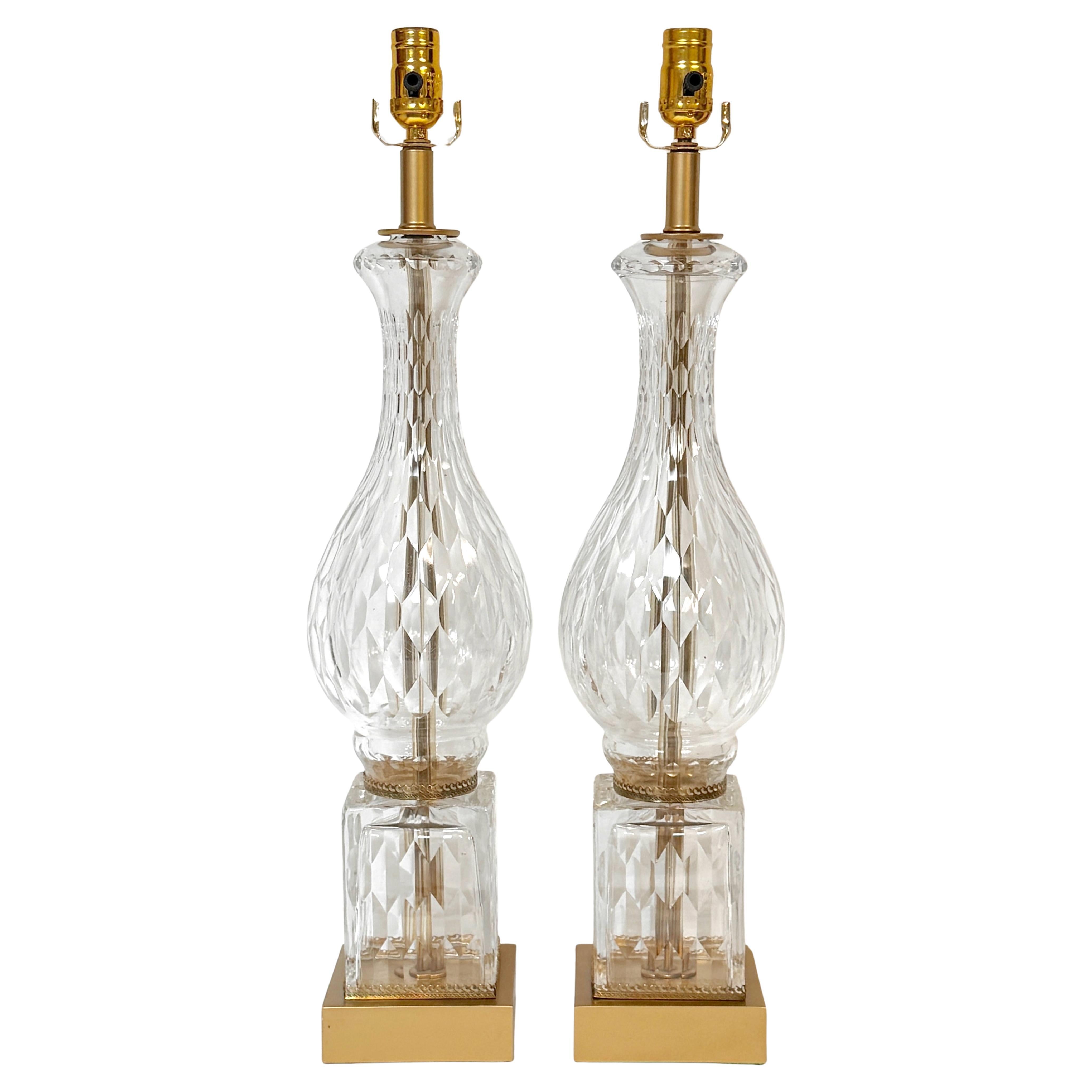 Pair of Baccarat (Attributed) Crystal Baluster Column Lamps, France Circa 1950s