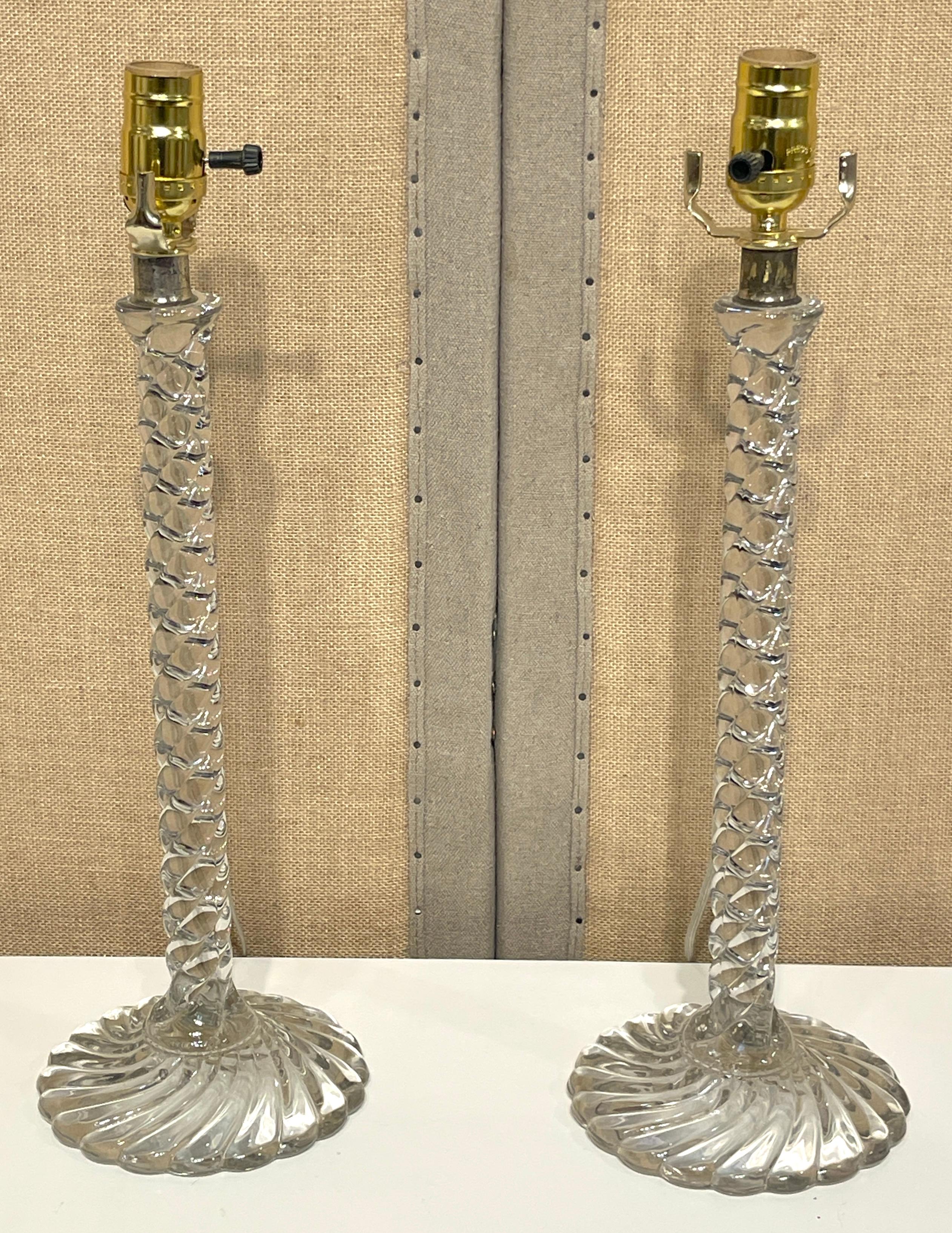 Aesthetic Movement Pair of Baccarat 'Bamboo' Pattern Crystal Candlesticks, Now as Lamps