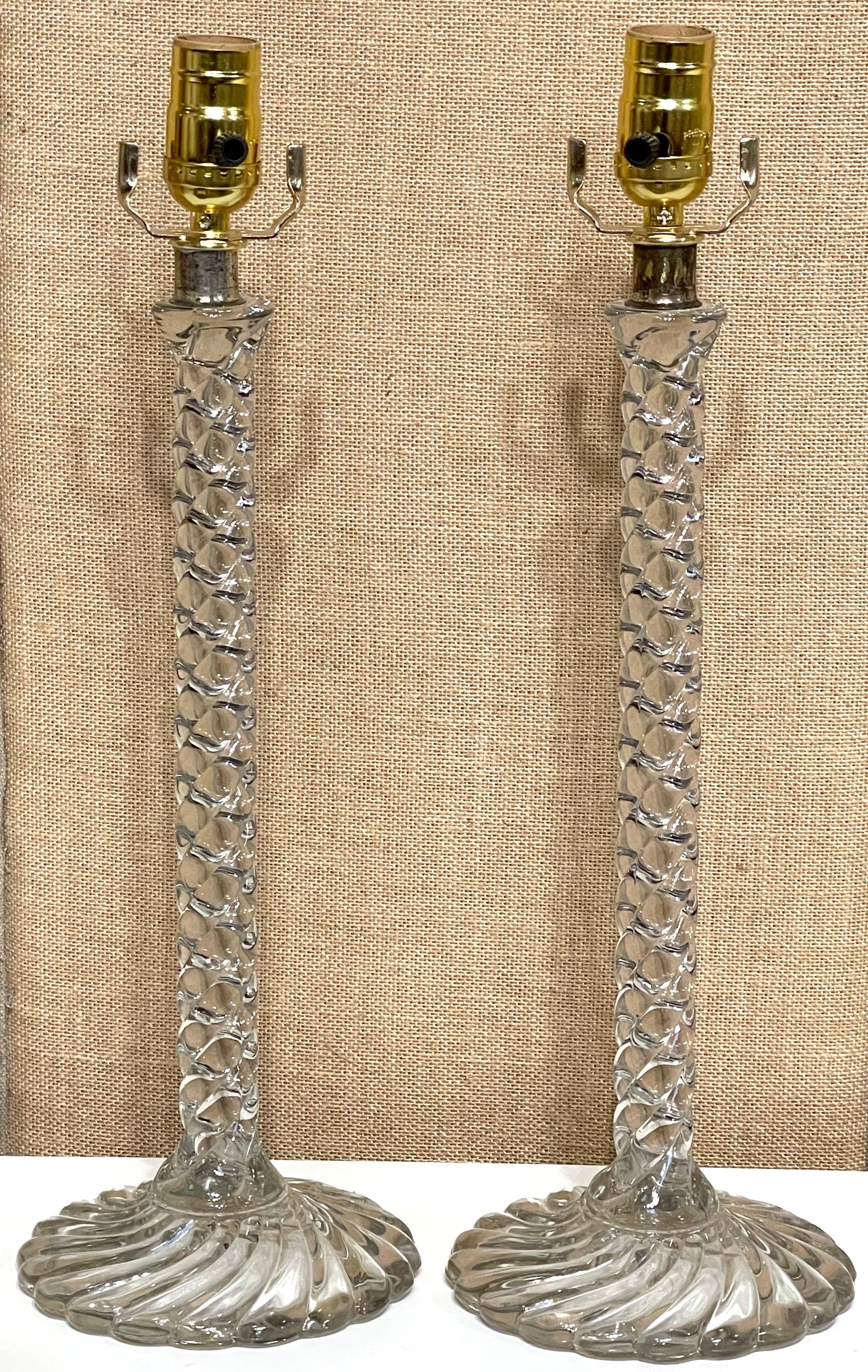 French Pair of Baccarat 'Bamboo' Pattern Crystal Candlesticks, Now as Lamps