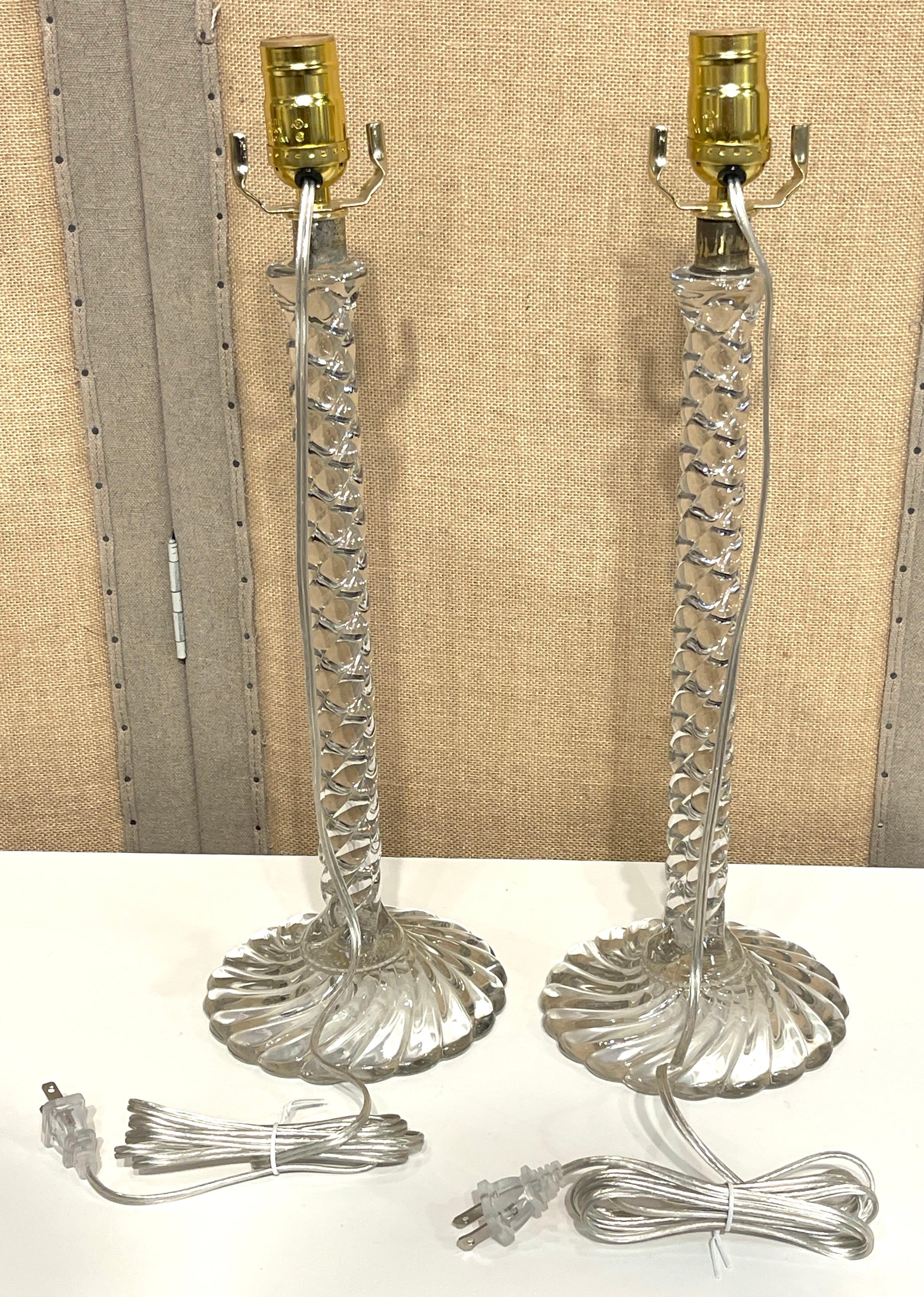 Pair of Baccarat 'Bamboo' Pattern Crystal Candlesticks, Now as Lamps In Good Condition In West Palm Beach, FL