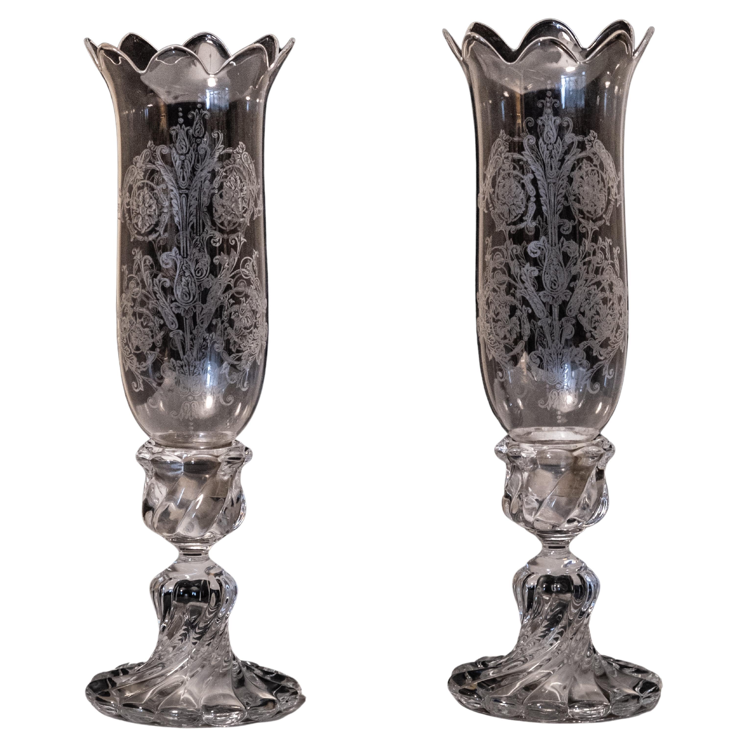 Pair of Baccarat "Bambous Swirl" Crystal Hurricane Candlesticks For Sale