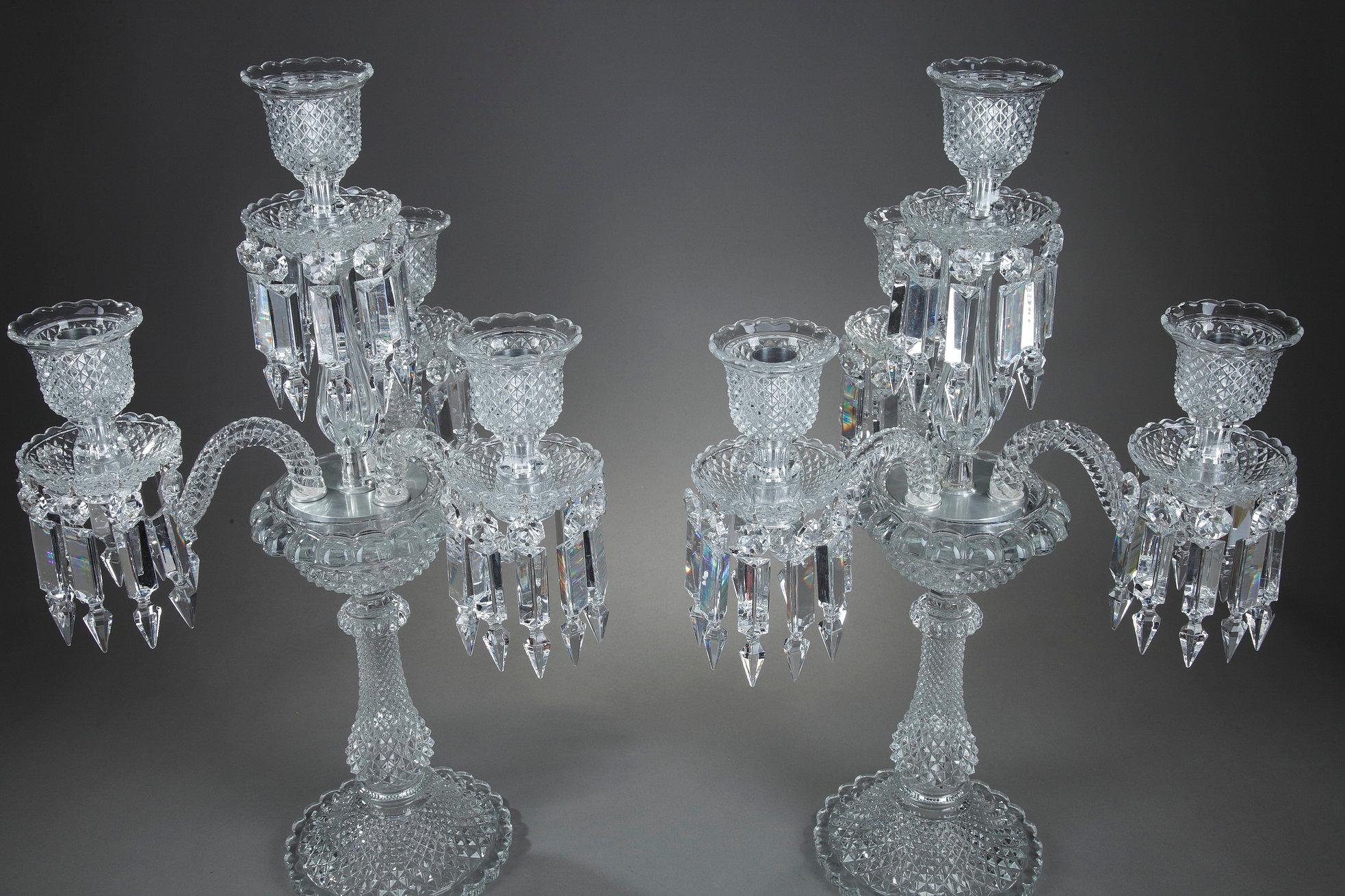 French Pair of Baccarat Candelabras in Molded Crystal with Four Lights