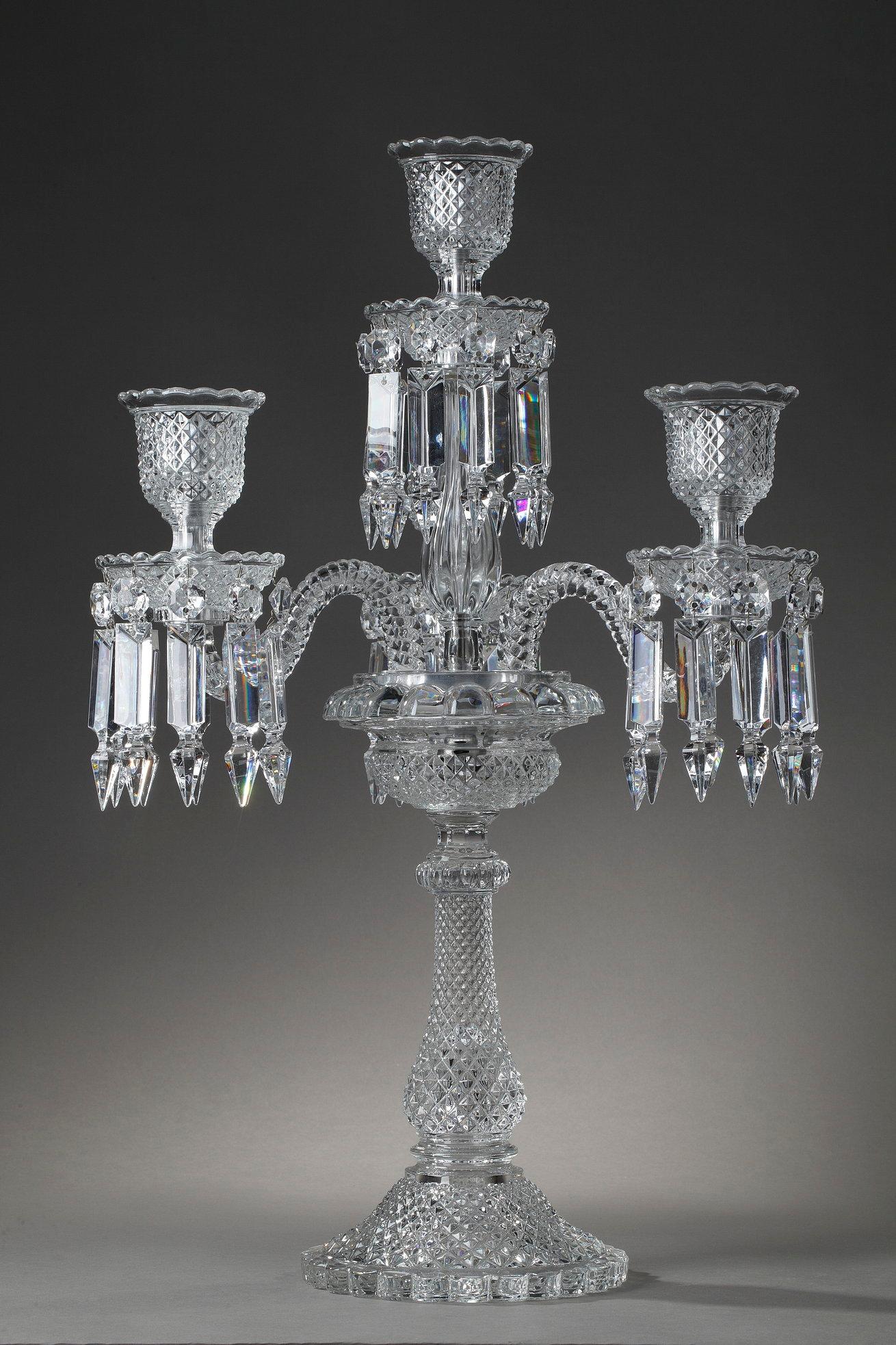 Pair of Baccarat Candelabras in Molded Crystal with Four Lights In Good Condition In Paris, FR