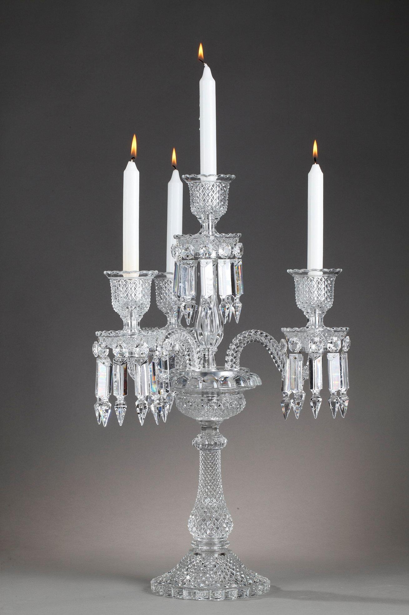 Late 20th Century Pair of Baccarat Candelabras in Molded Crystal with Four Lights