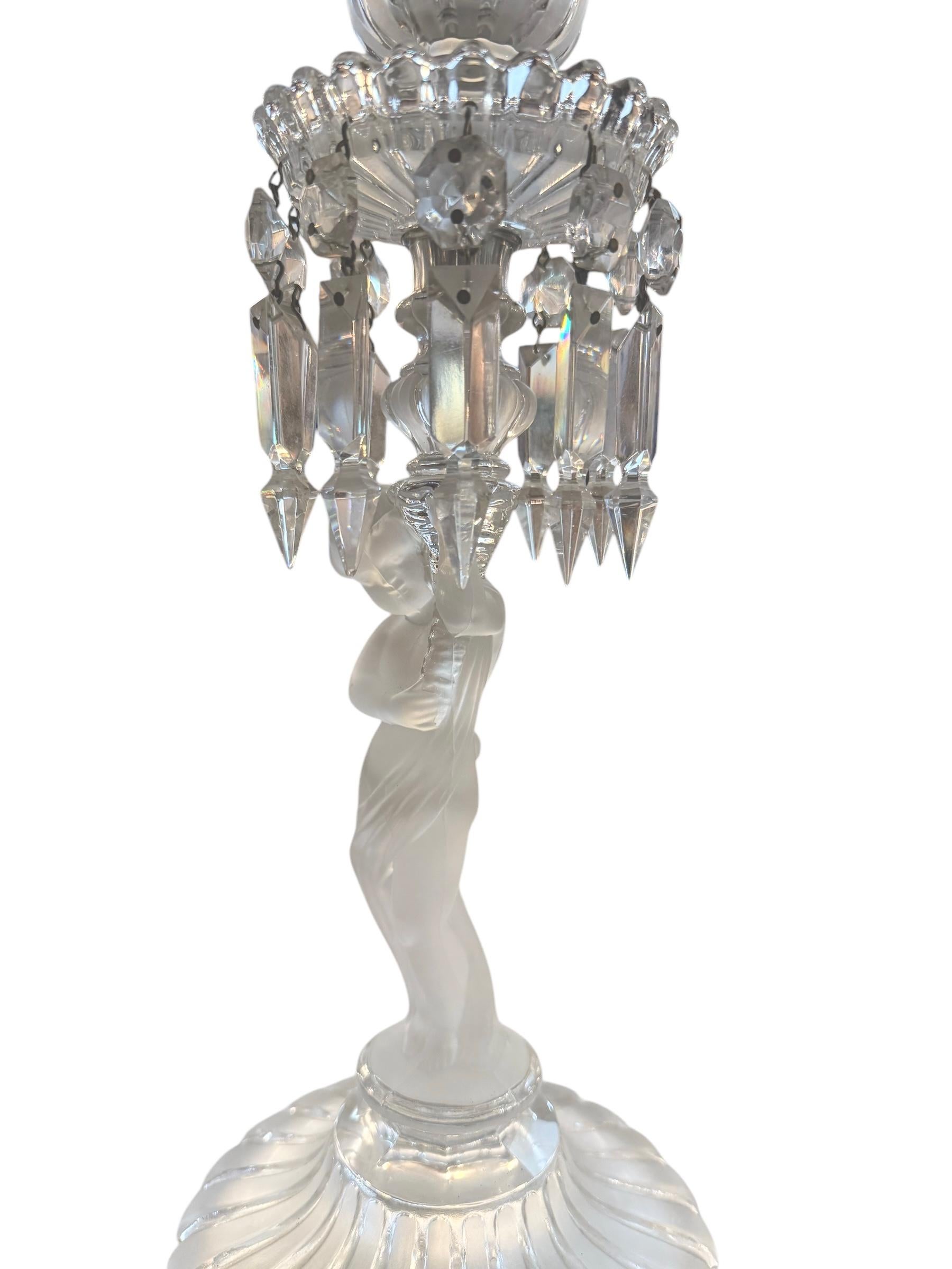 Francese Pair of Baccarat Clear and Frosted Glass Enfant Lusters/Candlesticks in vendita