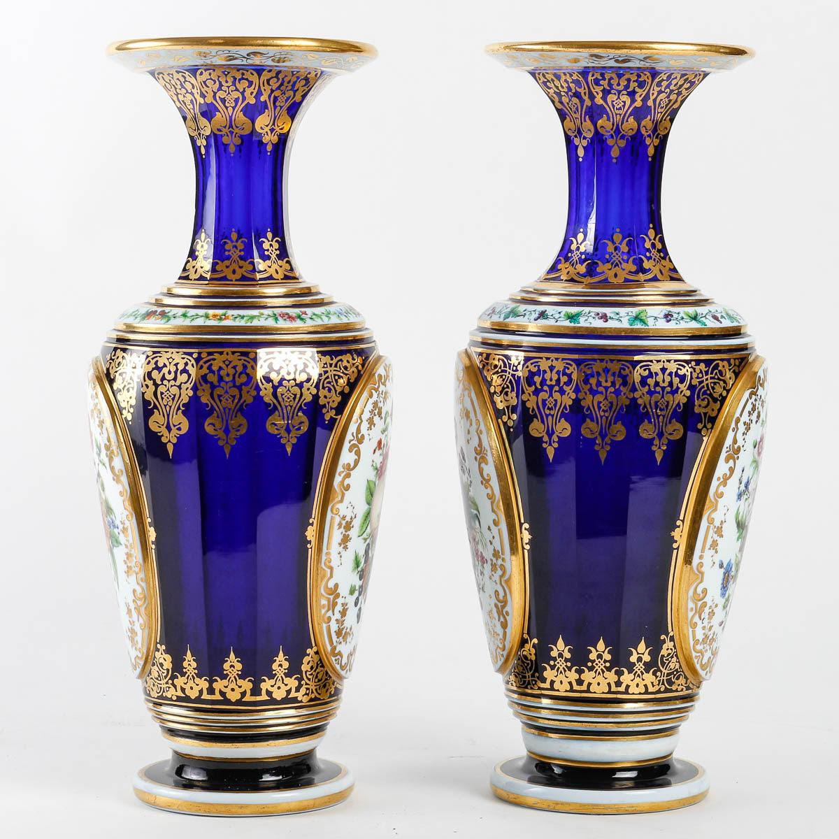 French Pair of Baccarat Crystal and Painted Opaline Vases, Napoleon III Period. For Sale