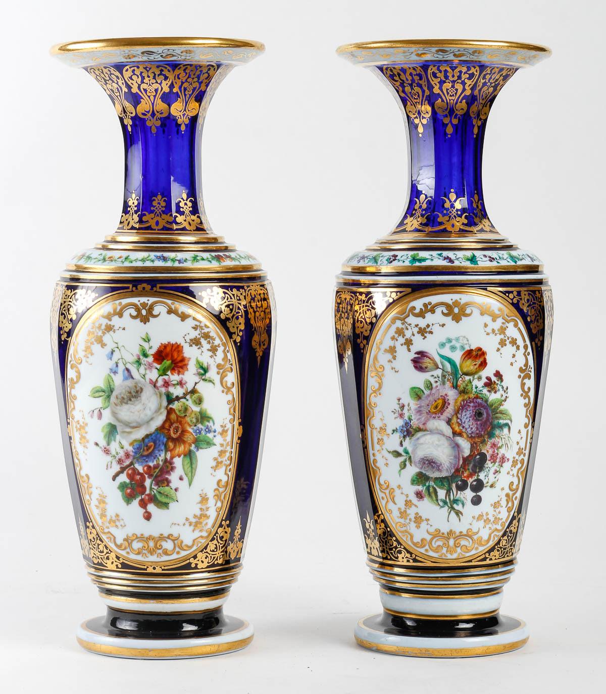Gilt Pair of Baccarat Crystal and Painted Opaline Vases, Napoleon III Period. For Sale