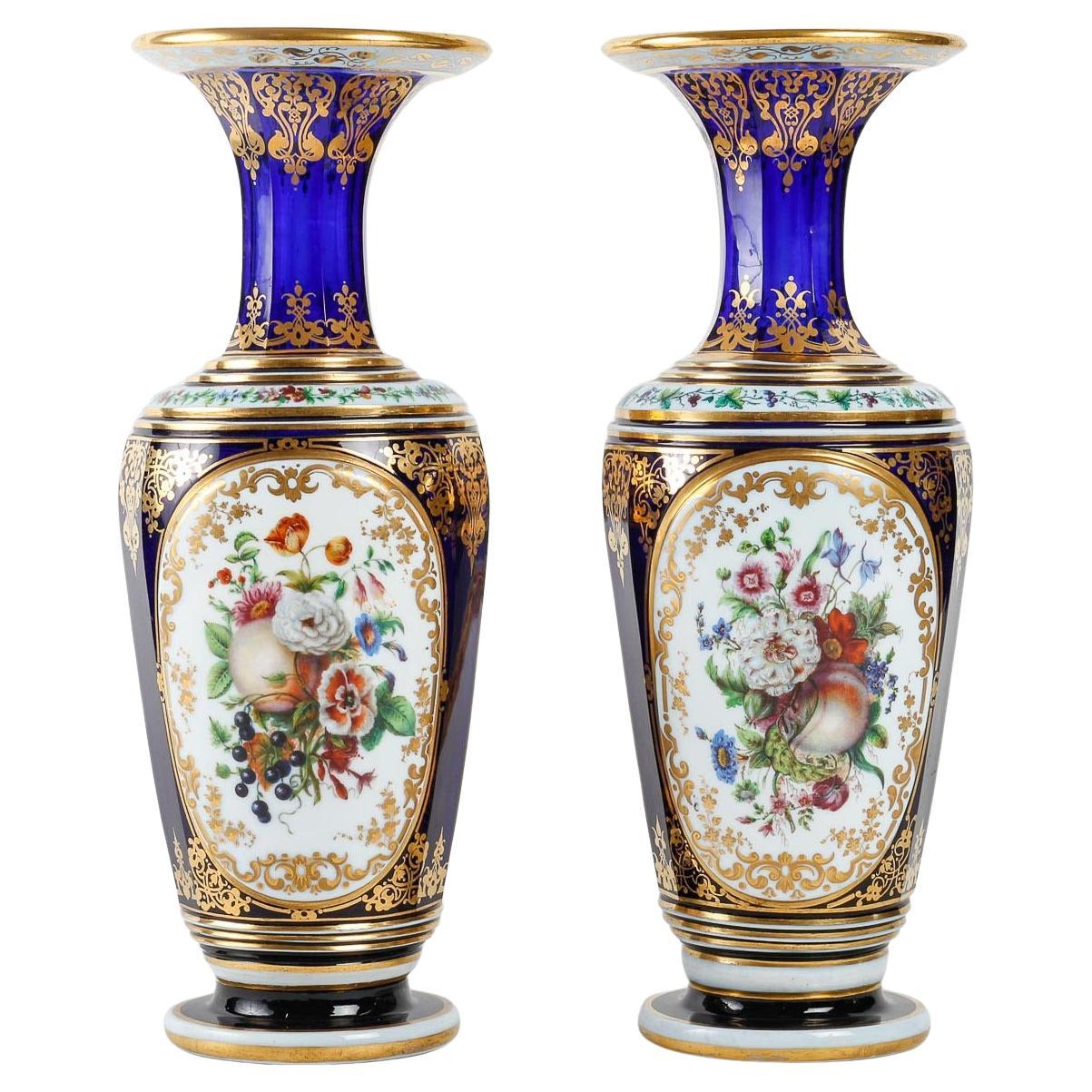 Pair of Baccarat Crystal and Painted Opaline Vases, Napoleon III Period. For Sale