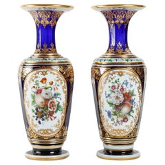 Antique Pair of Baccarat Crystal and Painted Opaline Vases, Napoleon III Period.