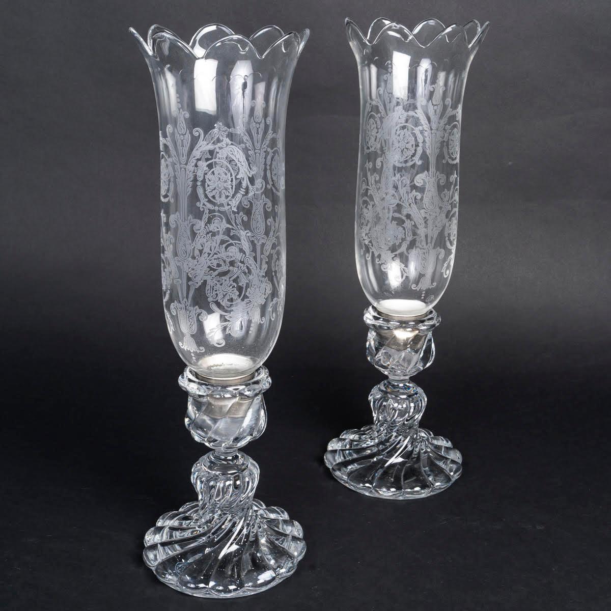French Pair of Baccarat Crystal Candle Holders, Early 20th Century, Napoleon III Style. For Sale