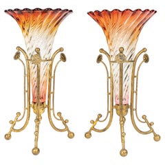 Antique Pair of Baccarat Crystal Cornets, Gilt Bronze Mount, 19th Century, Napoleon III