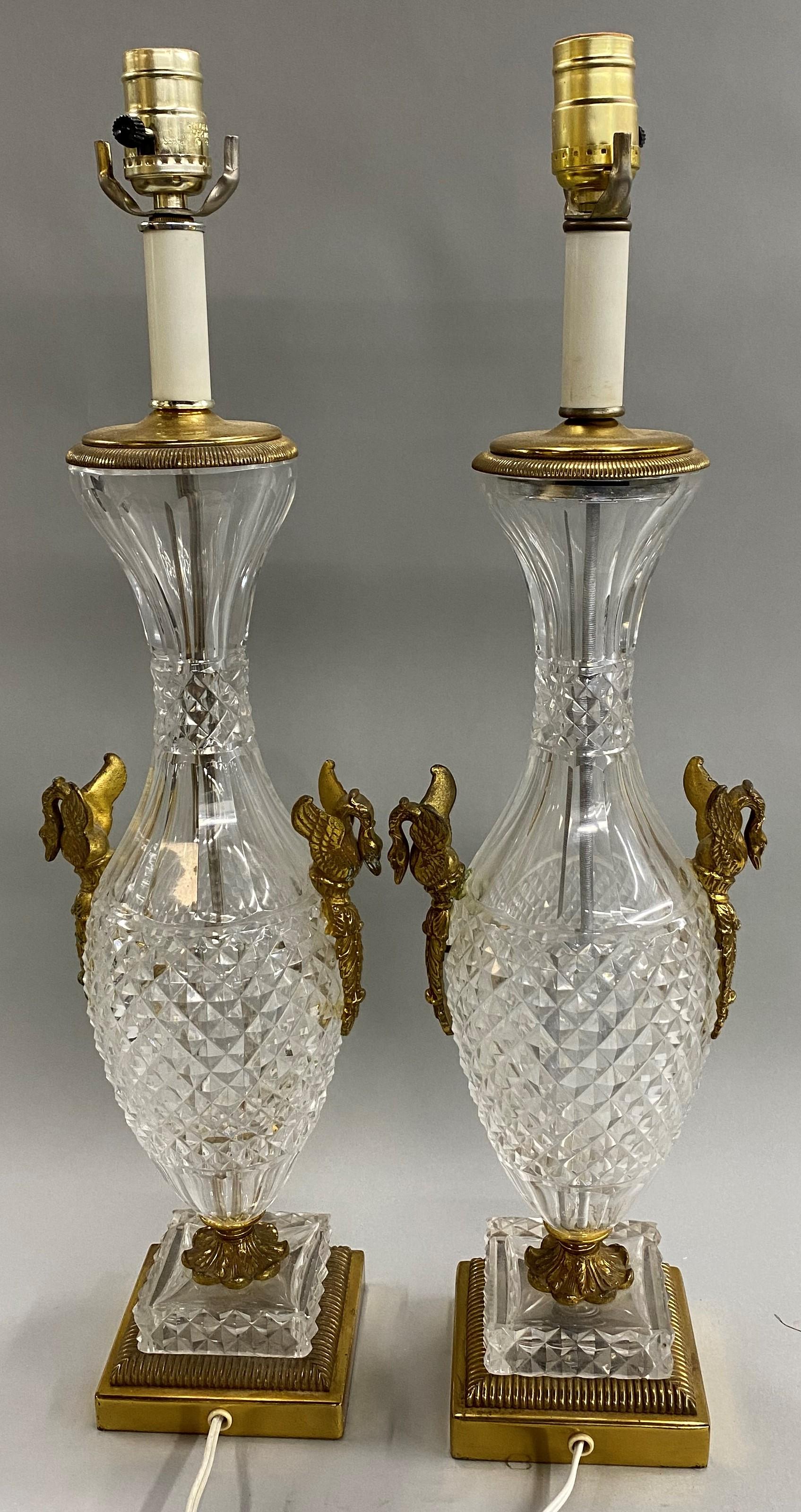 French Pair of Baccarat Crystal & Gilt Bronze Table Lamps with Swan Ormolu, circa 1930s