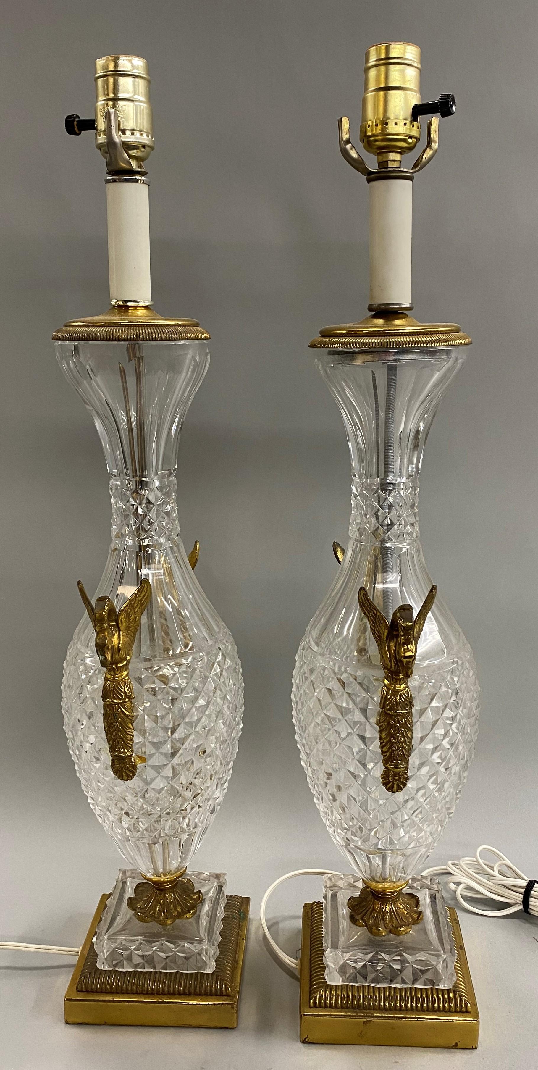 Pair of Baccarat Crystal & Gilt Bronze Table Lamps with Swan Ormolu, circa 1930s In Good Condition In Milford, NH