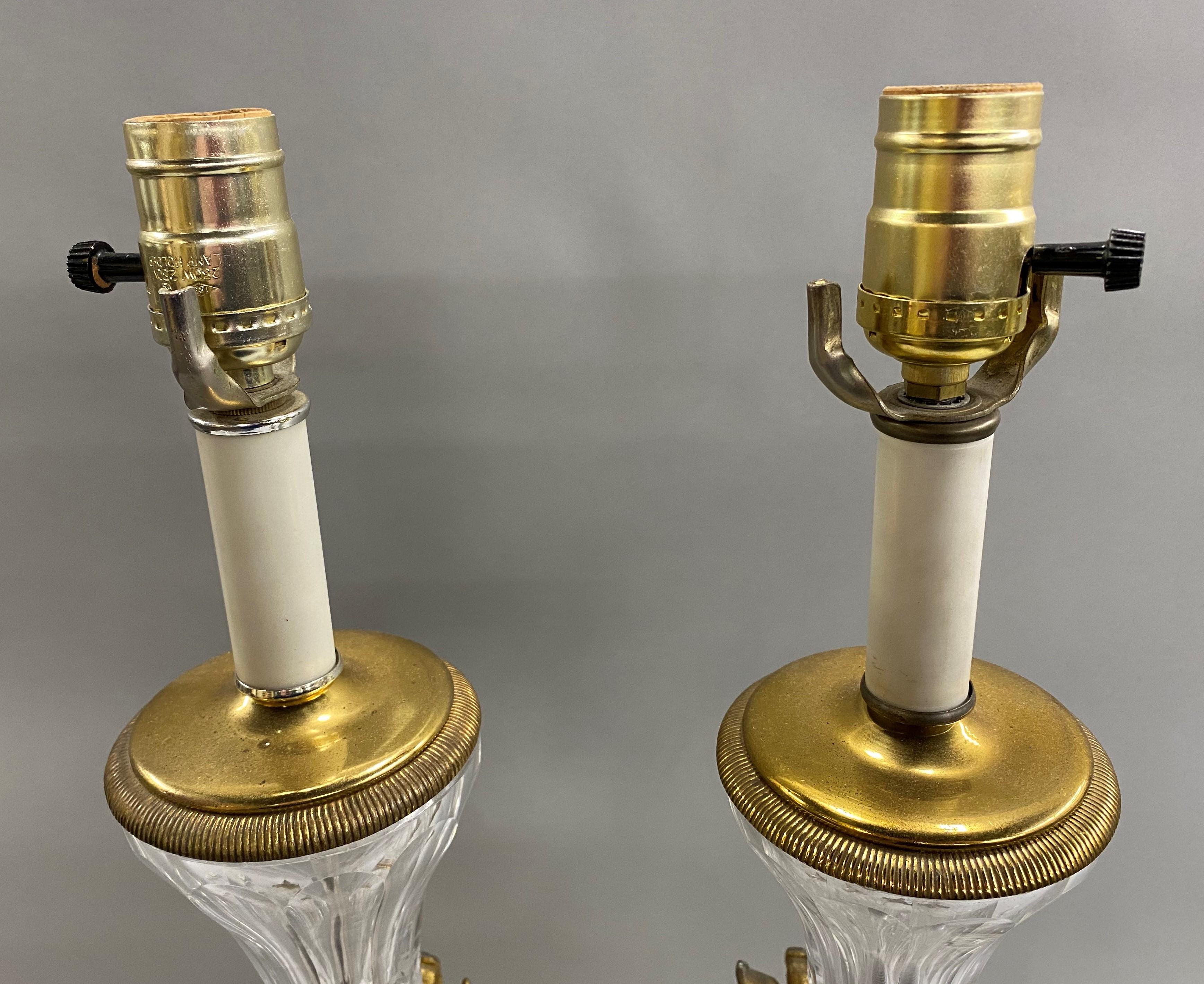 Pair of Baccarat Crystal & Gilt Bronze Table Lamps with Swan Ormolu, circa 1930s 1