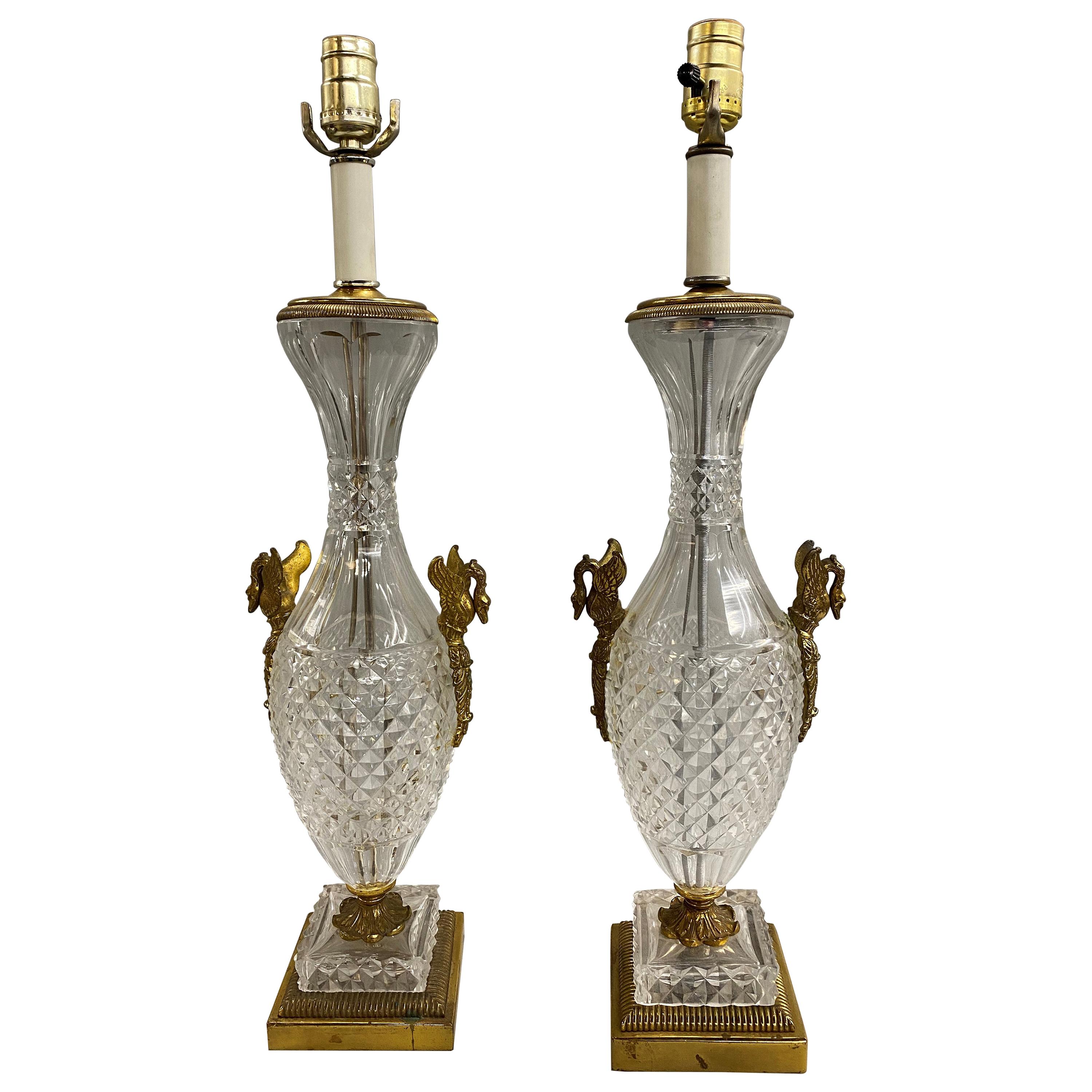 Pair of Baccarat Crystal & Gilt Bronze Table Lamps with Swan Ormolu, circa 1930s