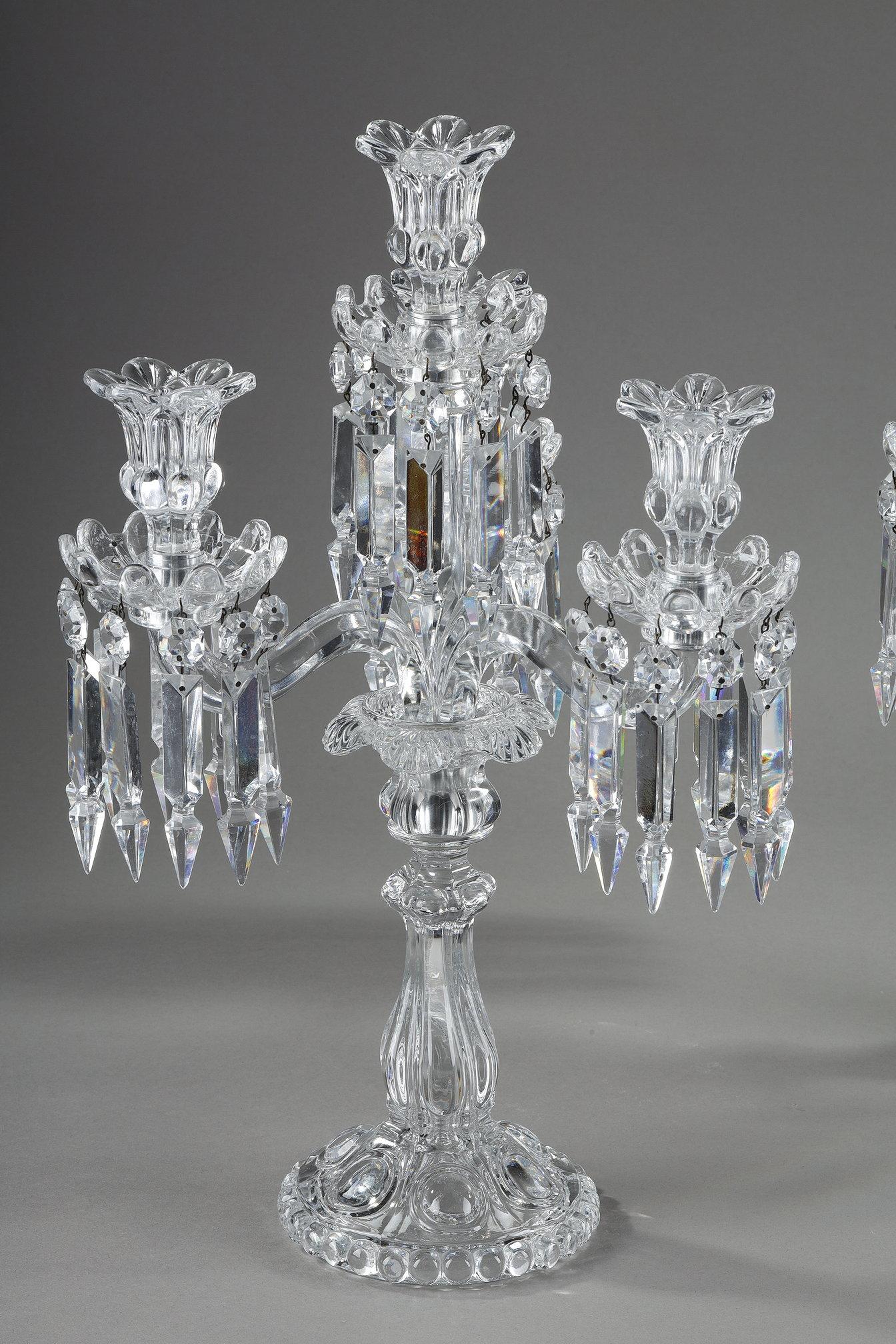 Crystal Pair of Baccarat crystal girandoles with four light arms