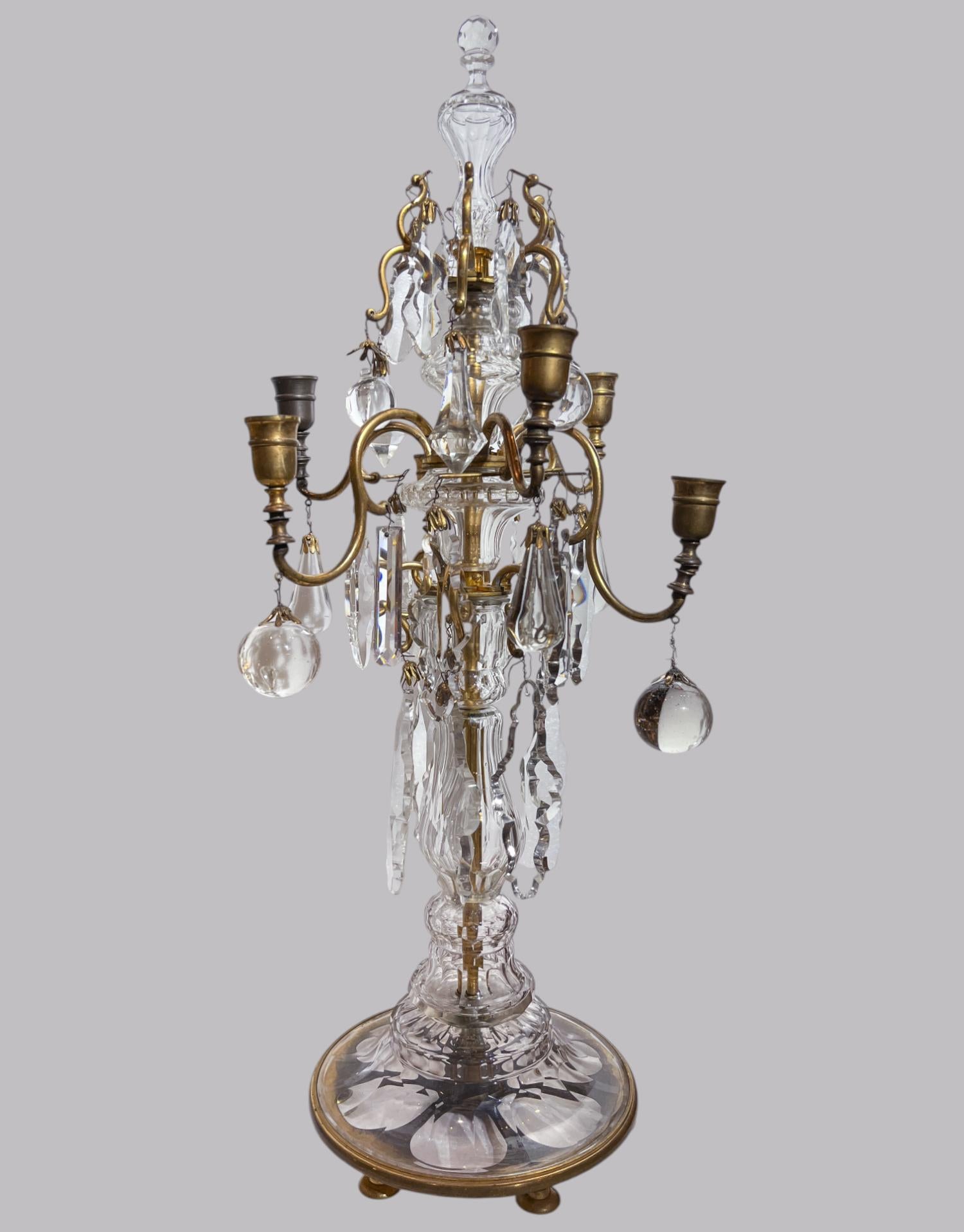 Pair of Baccarat crystal Six-Light Girandoles

19th century

Each with a knopped baluster stem and scrolling gilt branches hung with prisms, on a domed circular base.

26