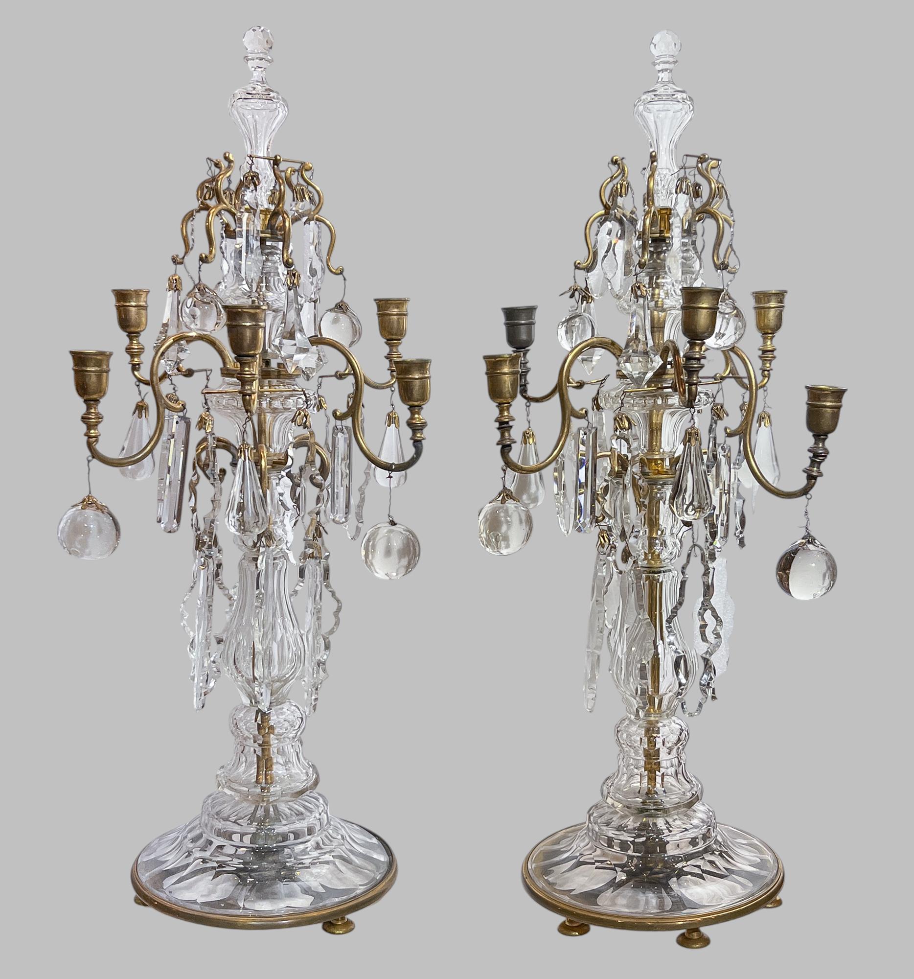 Bronze Pair of Baccarat Crystal  Six-Light Girandoles Candelabras For Sale
