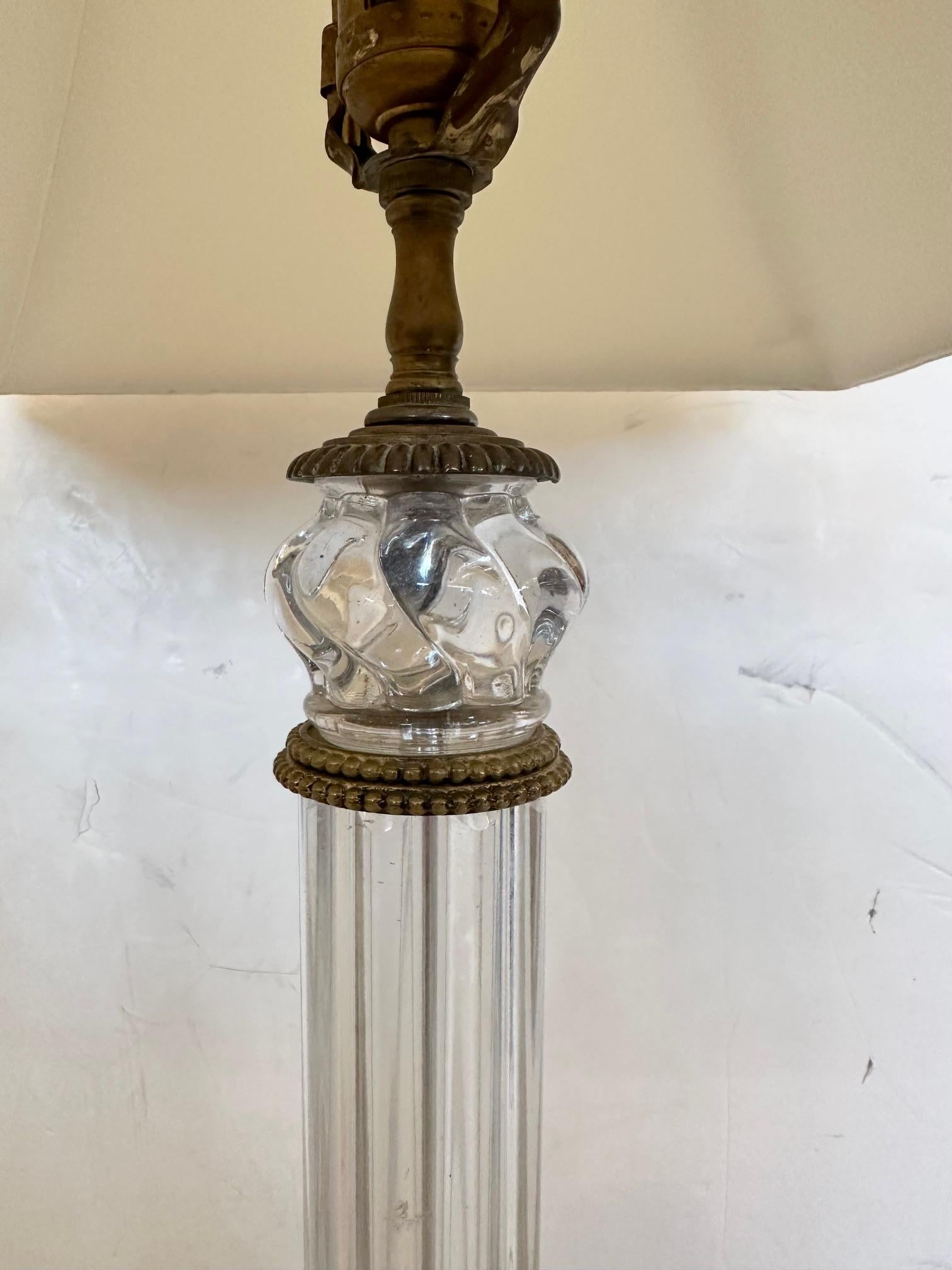 Paar mundgeblasene säulenförmige Baccarat-Lampen mit Bronzebeschlägen im Angebot 1