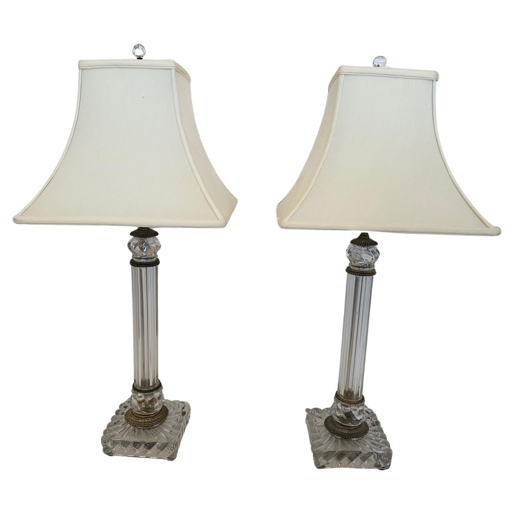 Pair of Handblown Baccarat Columnar Lamps with Bronze Mounts For Sale