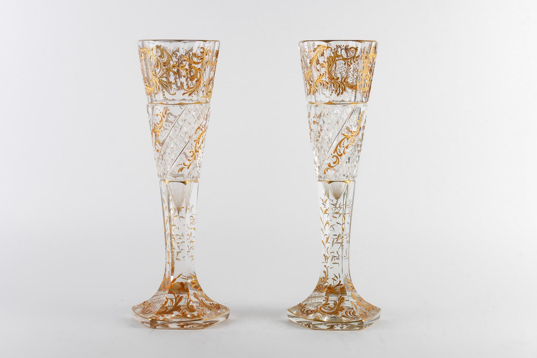 Pair of Baccarat cut crystal Vases, 19th Century.

Pair of Baccarat cut crystal Vases, gold enhanced, 19th century, Napoleon III period.    

h : 38,5cm , d : 13cm