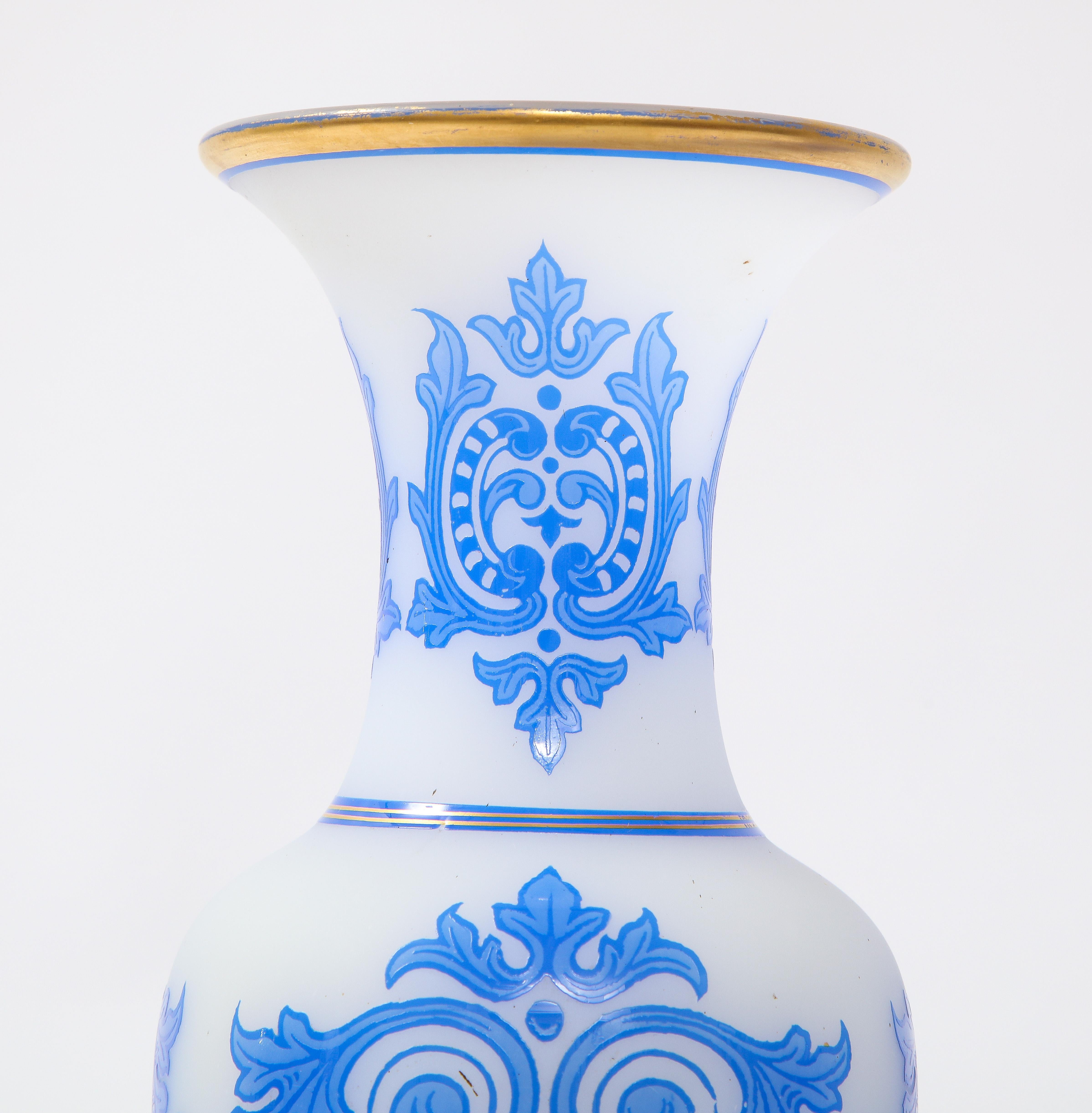 Late 19th Century Pair of Baccarat Double Overlay Blue Over White Opaline Vases w/ 24k Gold Decor For Sale