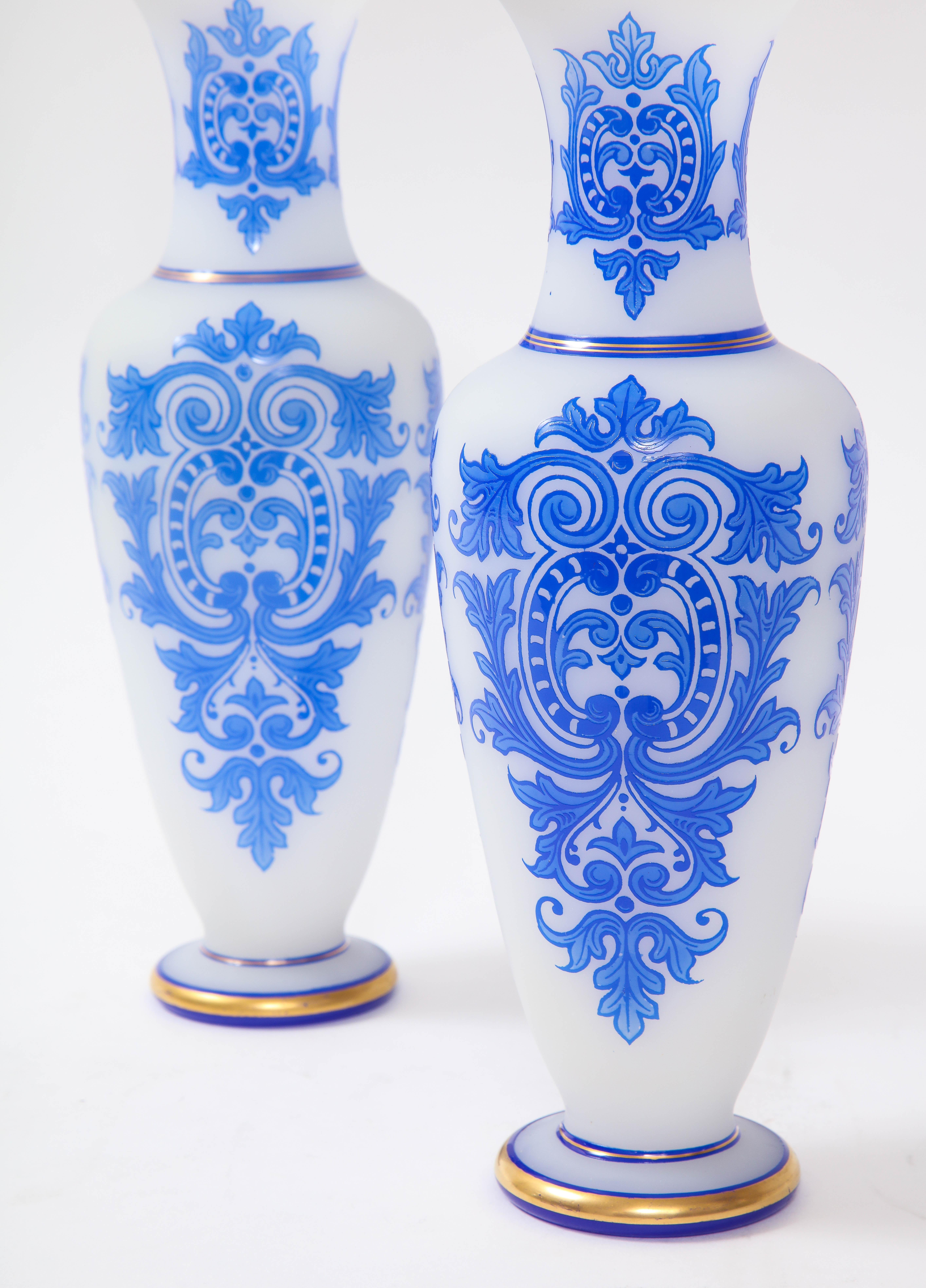 Pair of Baccarat Double Overlay Blue Over White Opaline Vases w/ 24k Gold Decor For Sale 2