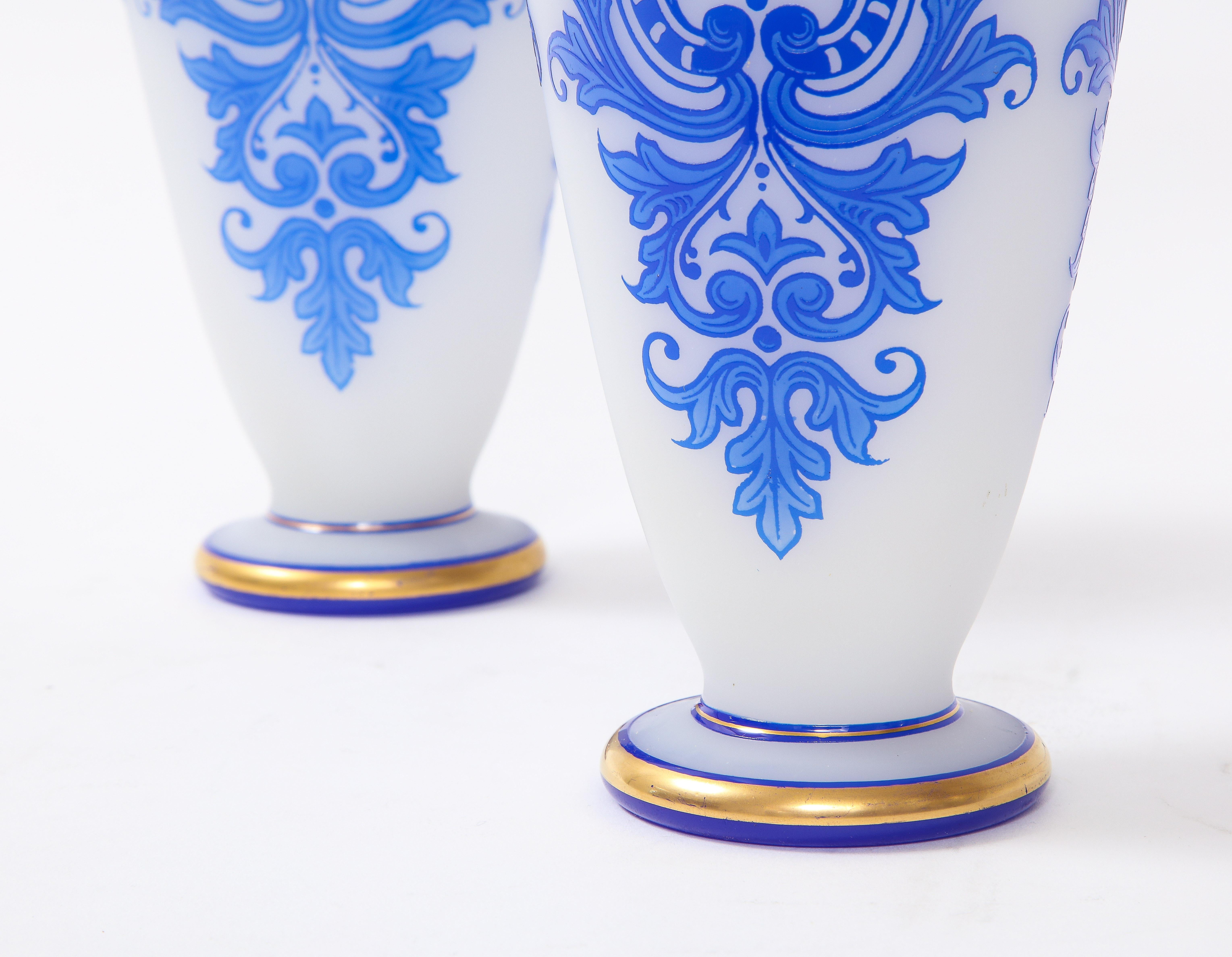 Pair of Baccarat Double Overlay Blue Over White Opaline Vases w/ 24k Gold Decor For Sale 5