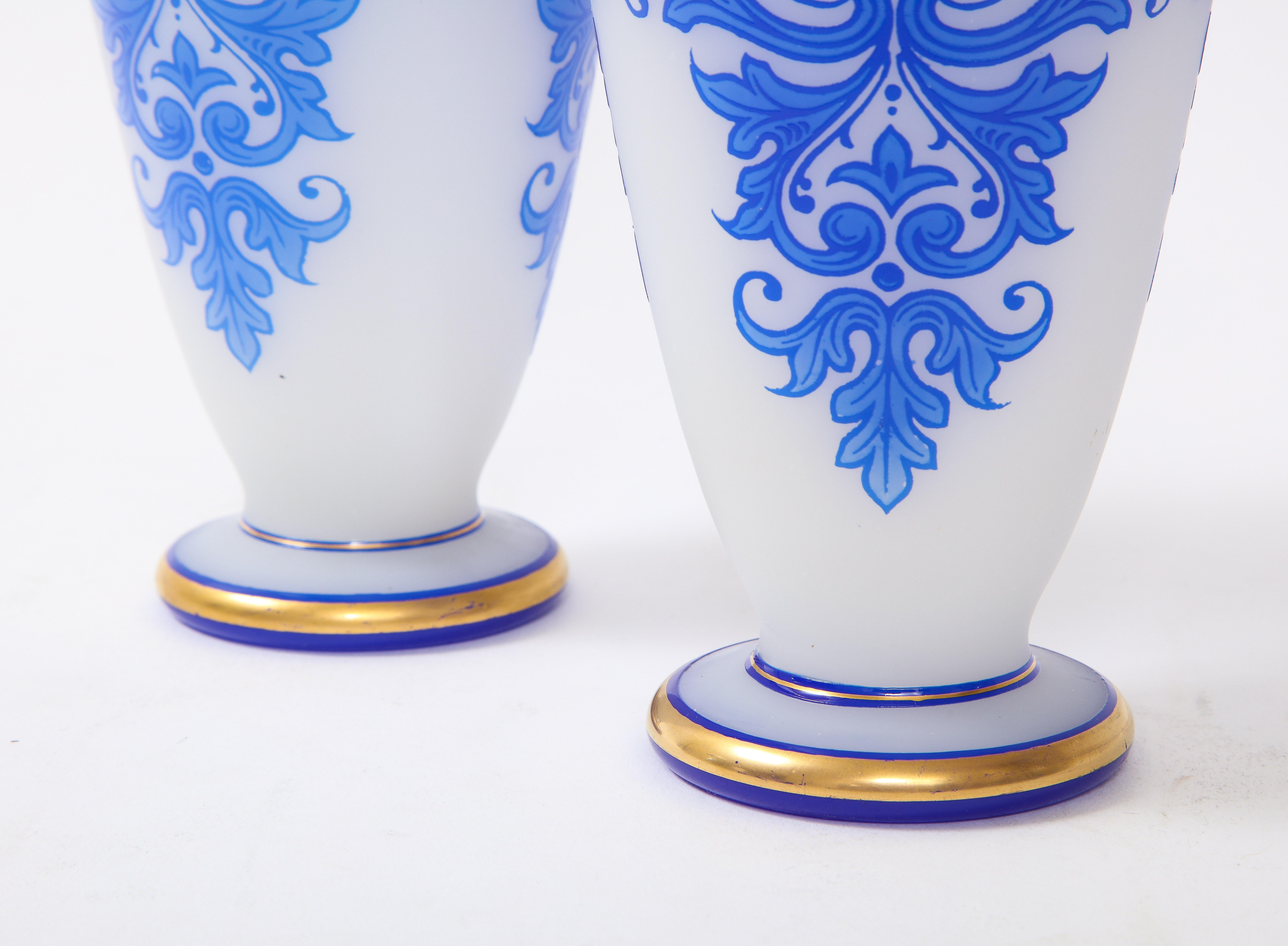 Pair of Baccarat Double Overlay Blue Over White Opaline Vases w/ 24k Gold Decor For Sale 6