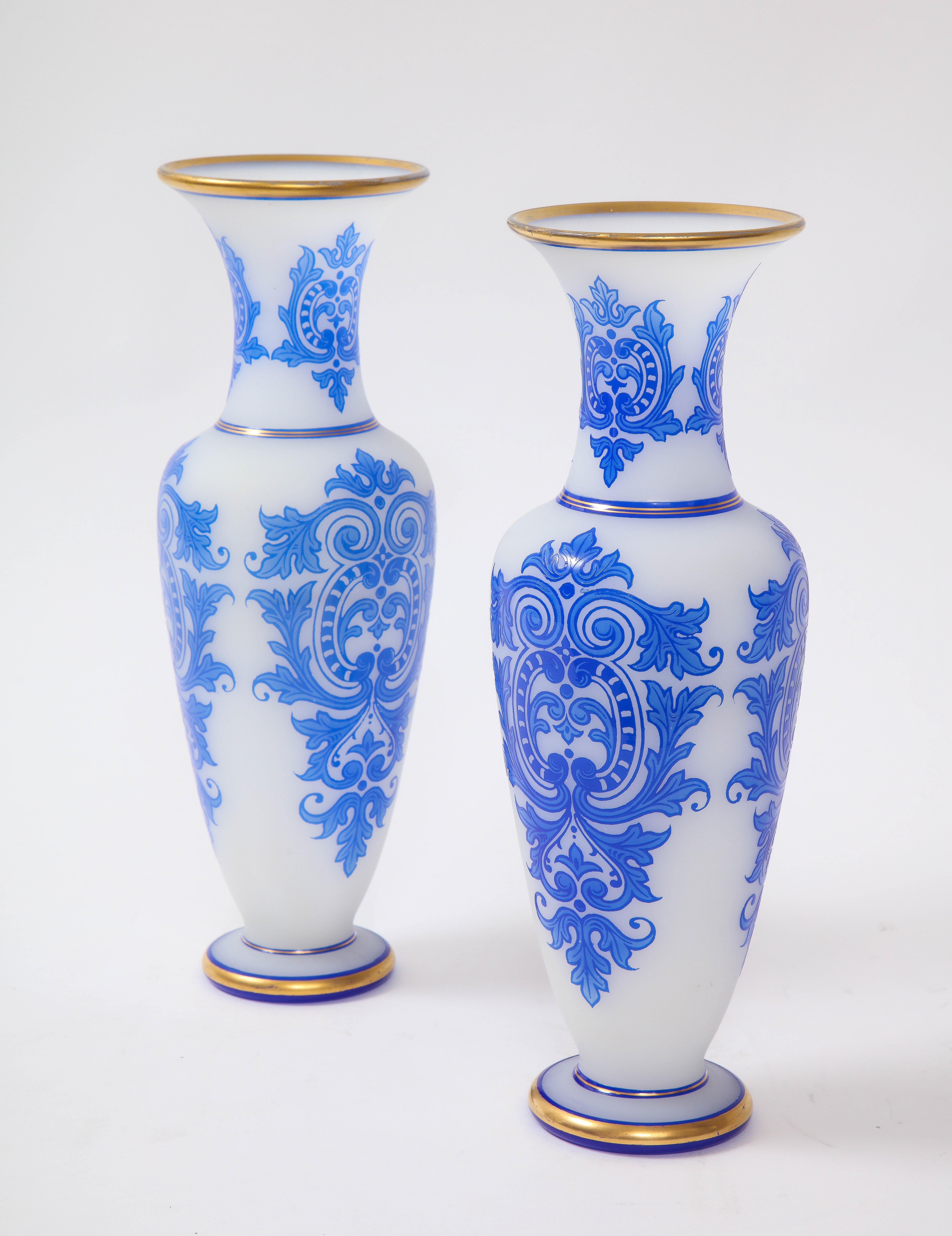 Louis XVI Pair of Baccarat Double Overlay Blue Over White Opaline Vases w/ 24k Gold Decor For Sale