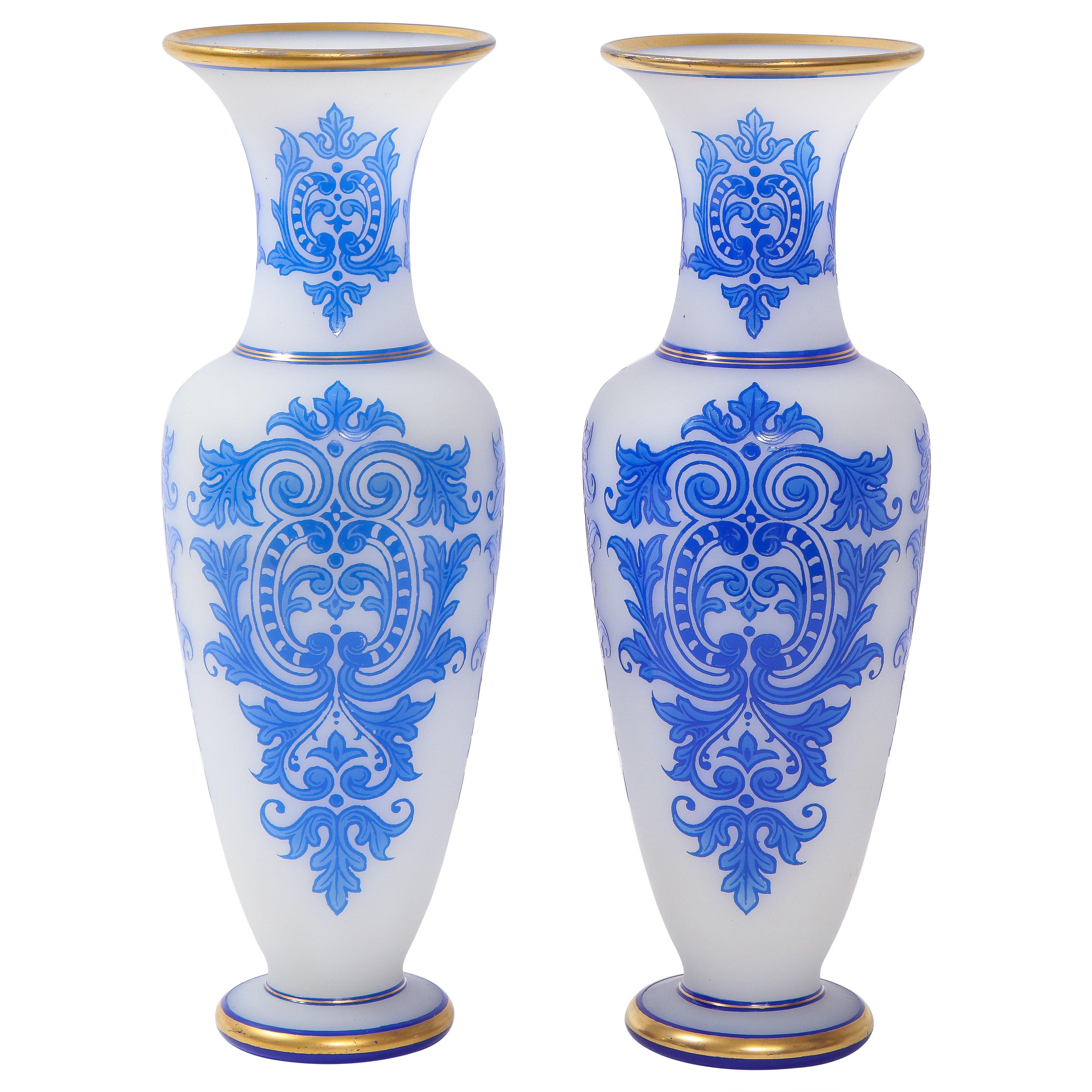 Pair of Baccarat Double Overlay Blue Over White Opaline Vases w/ 24k Gold Decor For Sale