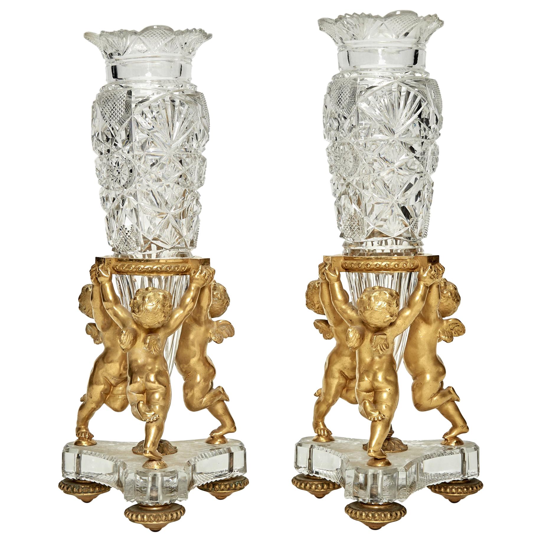 Pair of Baccarat Gilt-Bronze Mounted Cut Glass Figural Vases