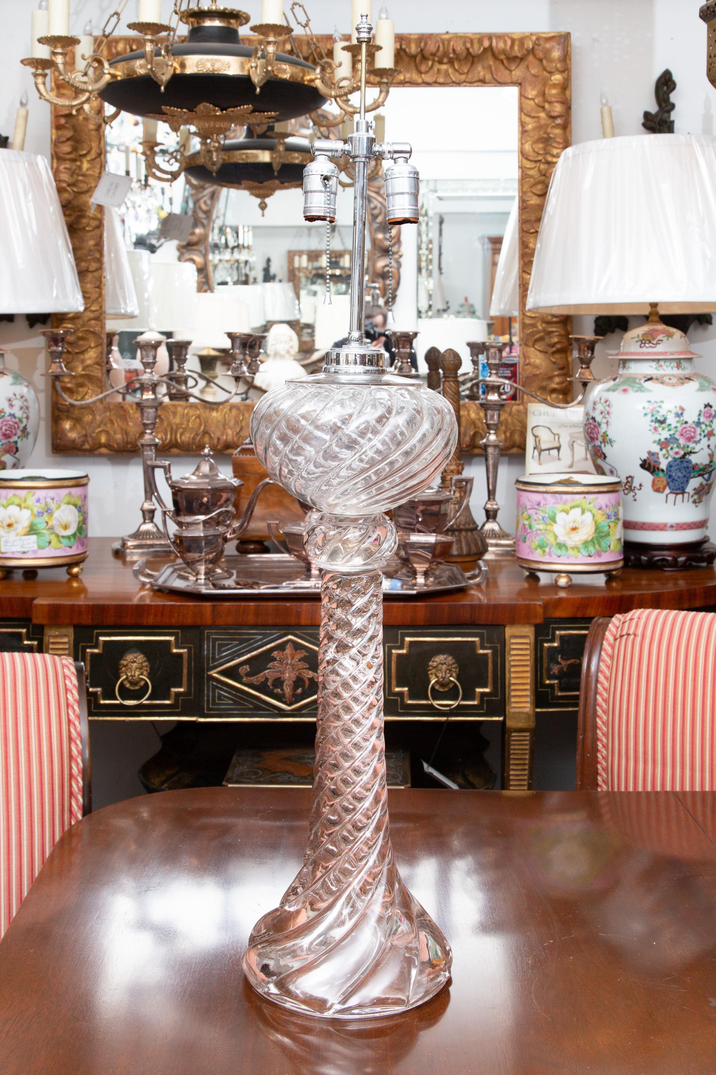 Pair of Baccarat Glass Lamps with a Swirl Design In Good Condition For Sale In WEST PALM BEACH, FL