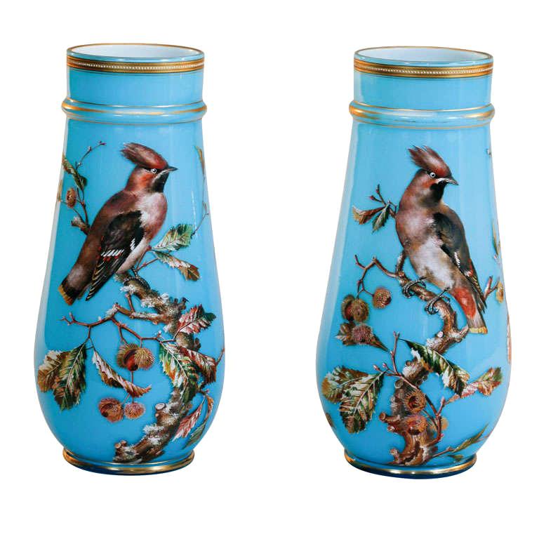 19th C. Pair of Baccarat Hand Painted Sevres Blue Ornithological Opaline Vases For Sale