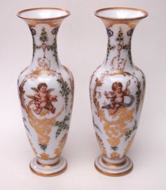 Pair of Baccarat Opaline Enamelled Cherub Vases Attr. to Jean-François Robert