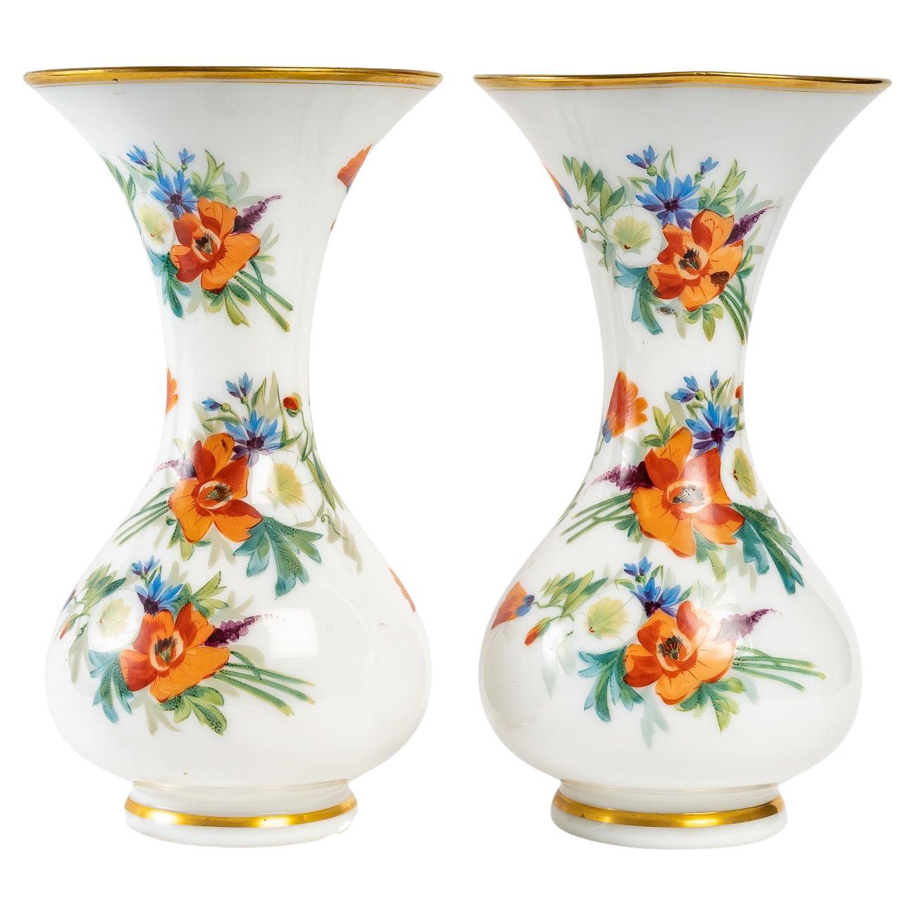 Pair of Baccarat Opaline Vases, 19th Century For Sale