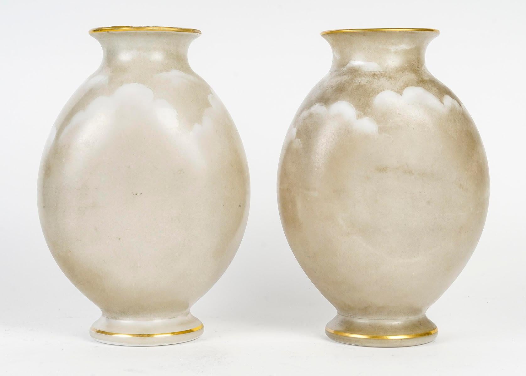 Opaline Glass Pair of Baccarat Painted Opaline Vases, 19th Century, Napoleon III Period.