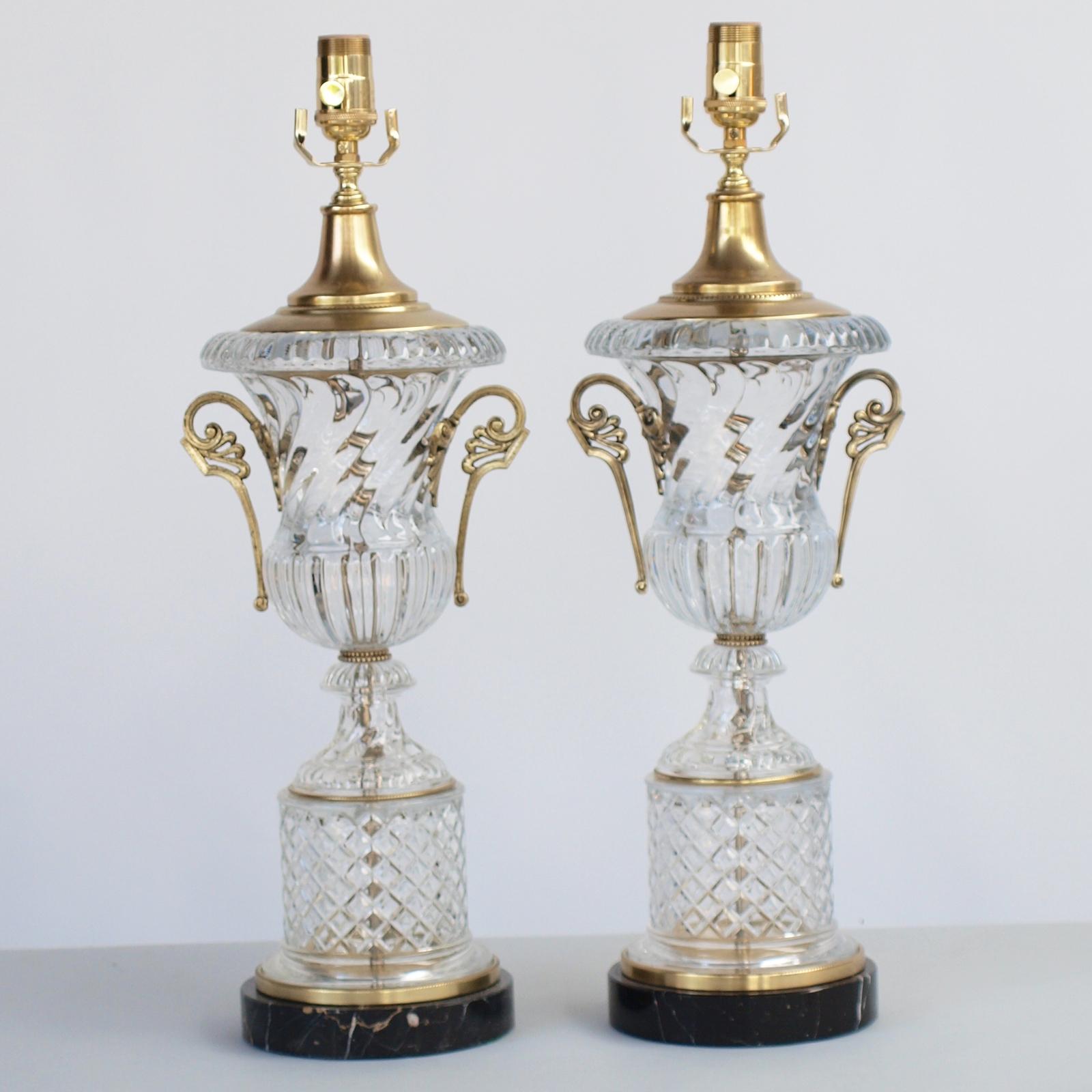 Molded Pair of Baccarat Spiral Urn Glass Lamps For Sale