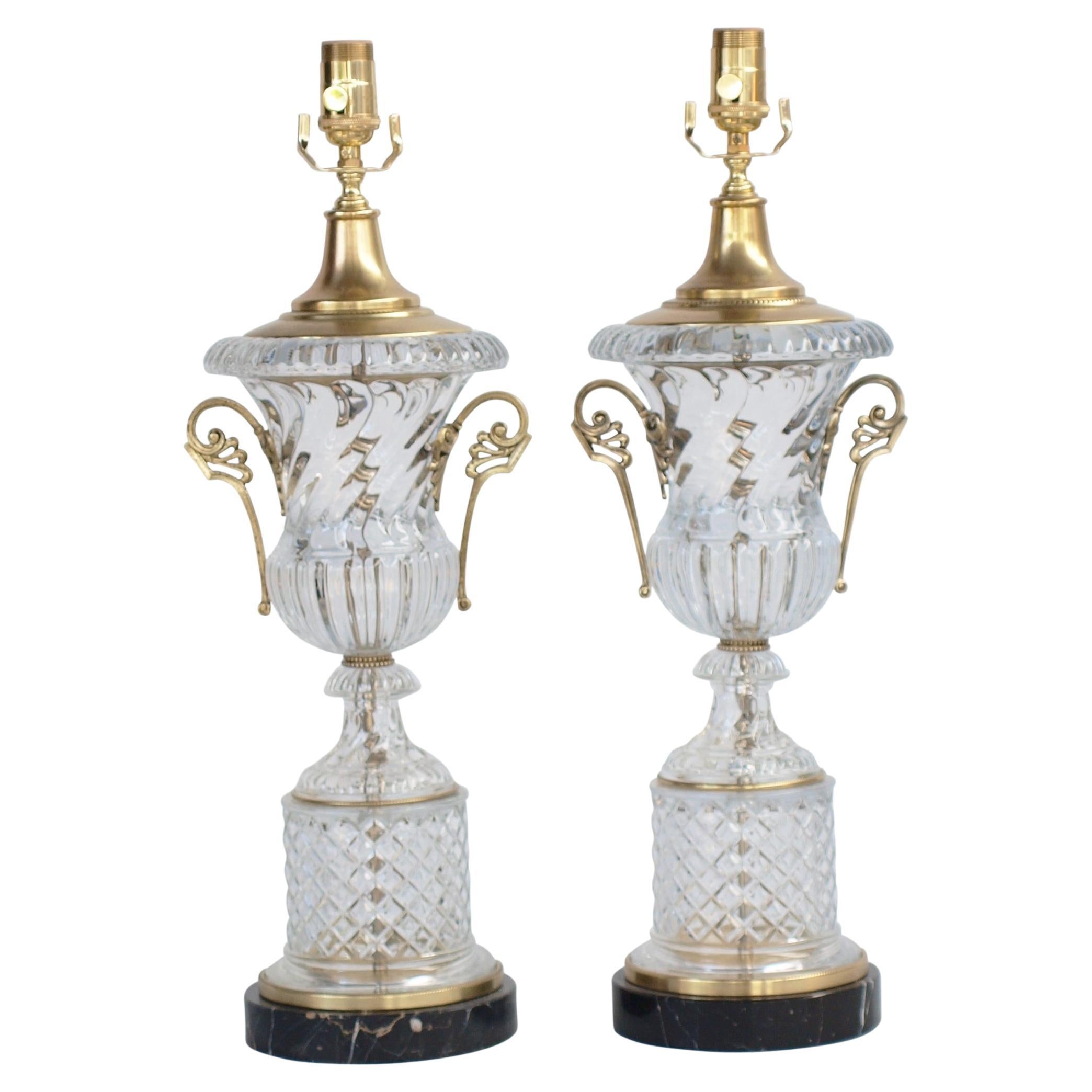 Pair of Baccarat Spiral Urn Glass Lamps For Sale