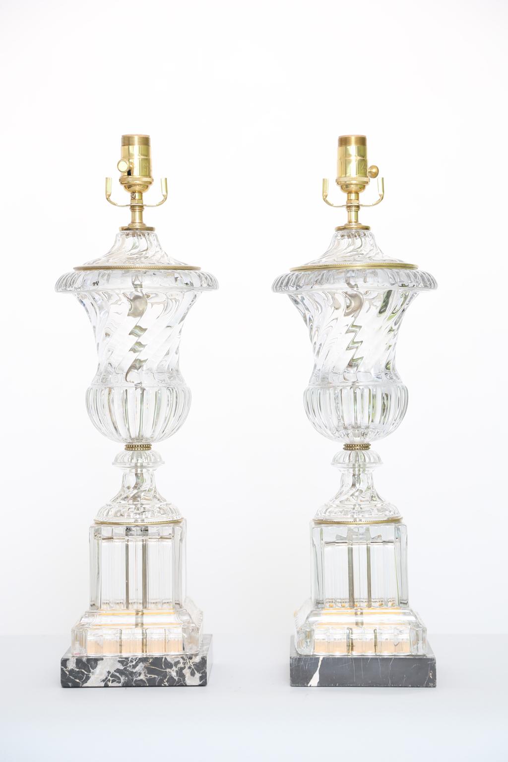 Molded Pair of Baccarat Spiral Urn Table Lamps
