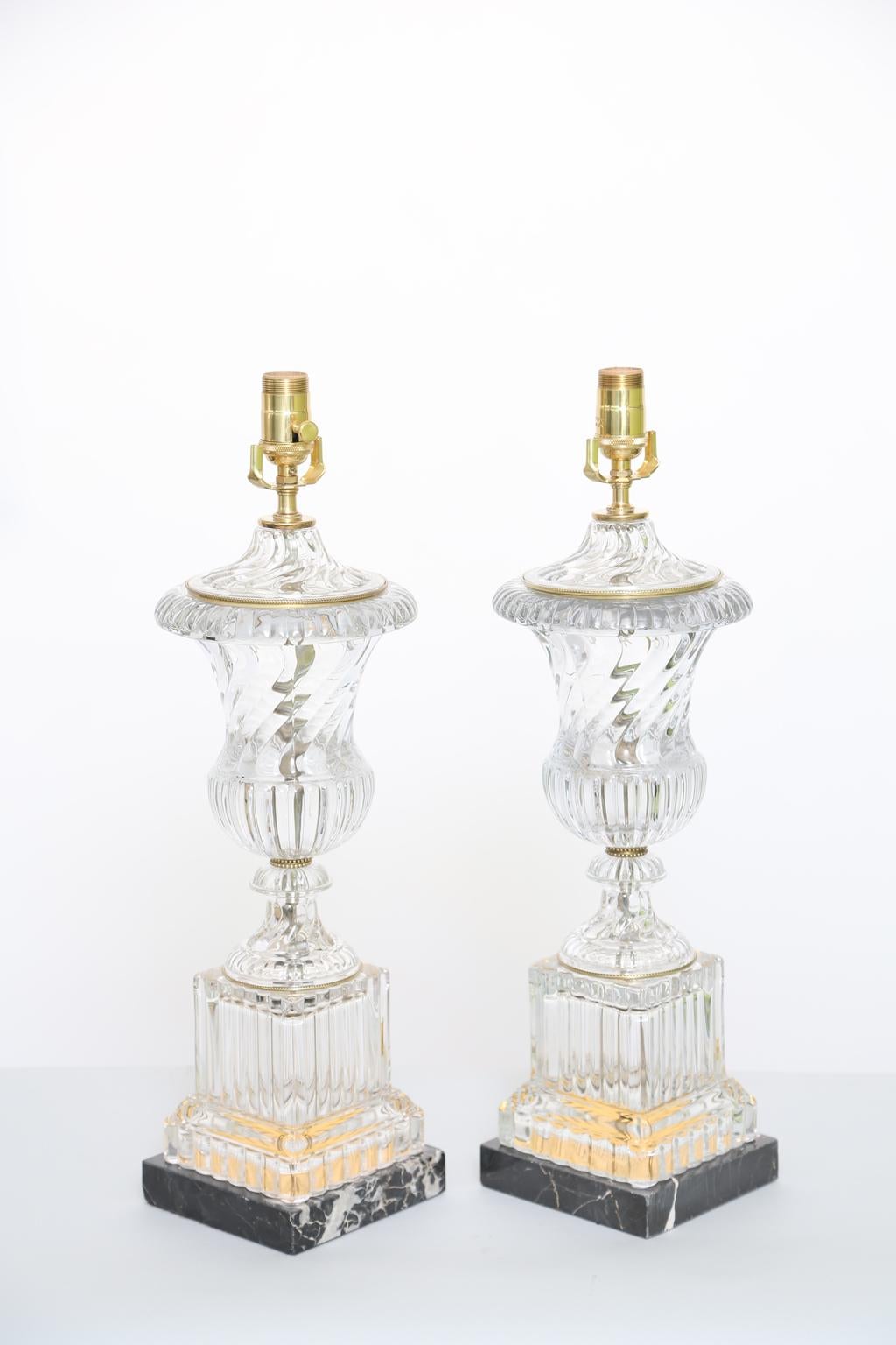 Marble Pair of Baccarat Spiral Urn Table Lamps