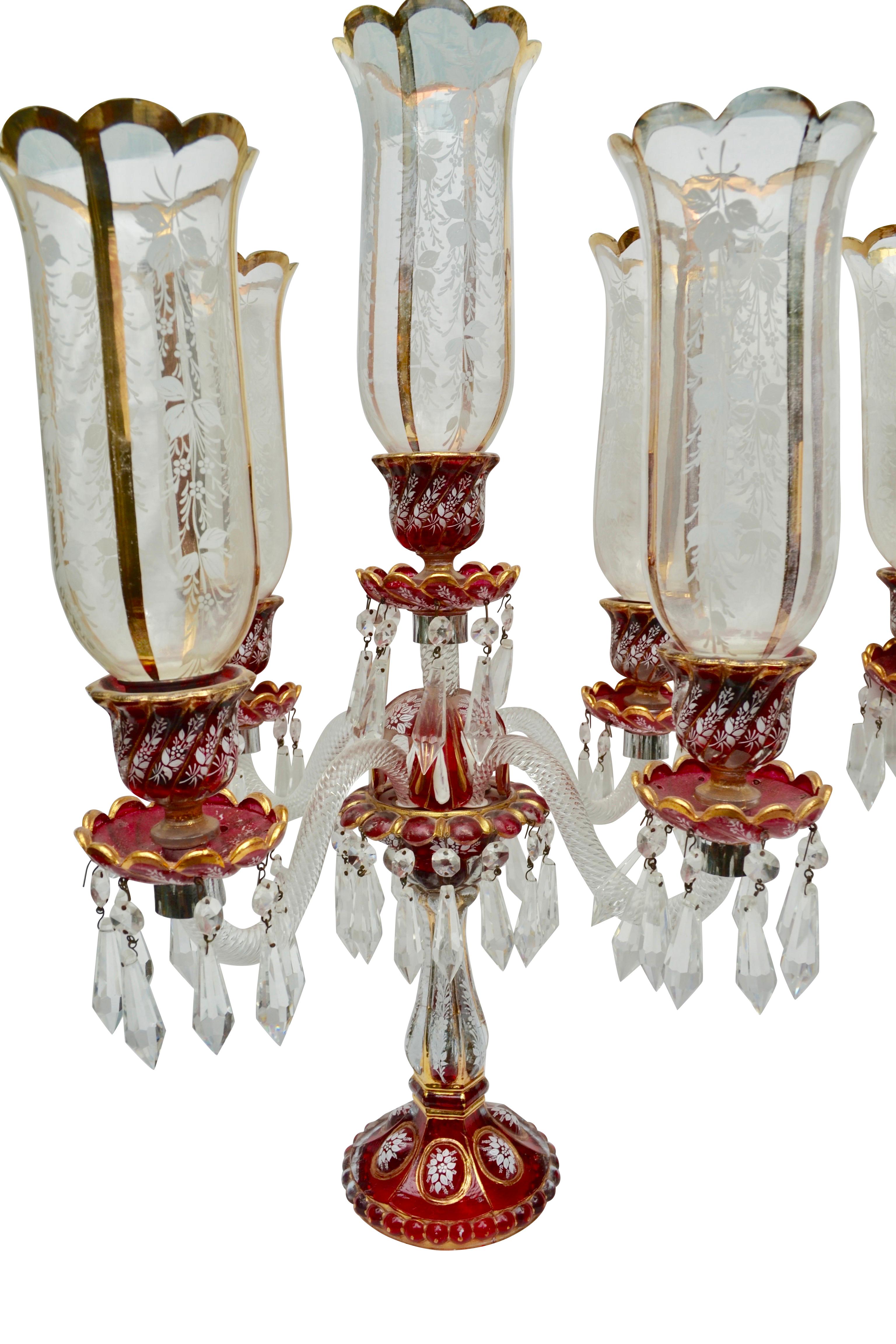 Rococo Revival Pair of Baccarat Style Clear and Ruby Glass Hurricane Candelabra