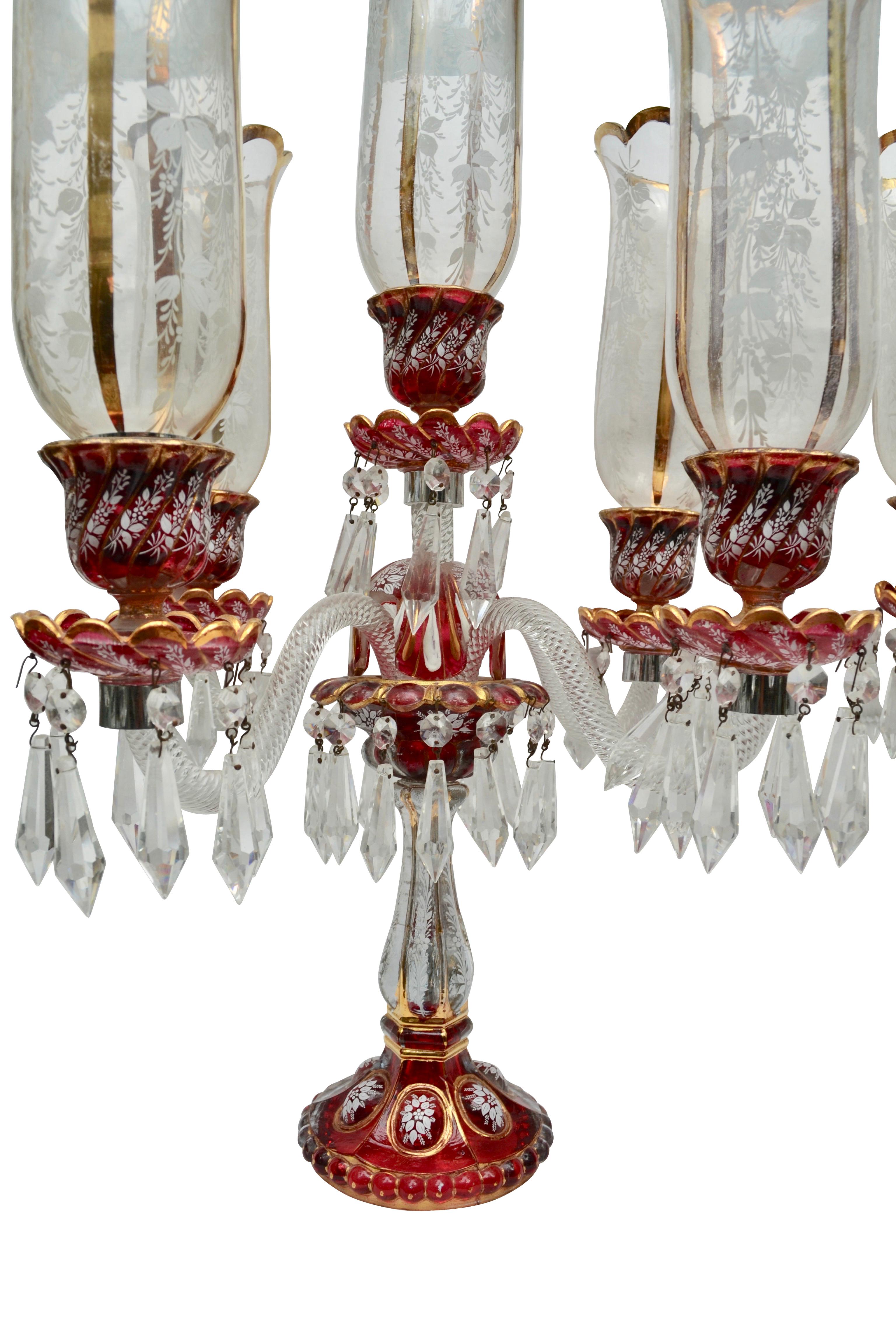 French Pair of Baccarat Style Clear and Ruby Glass Hurricane Candelabra