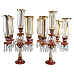 Pair of Baccarat Style Clear and Ruby Glass Hurricane Candelabra