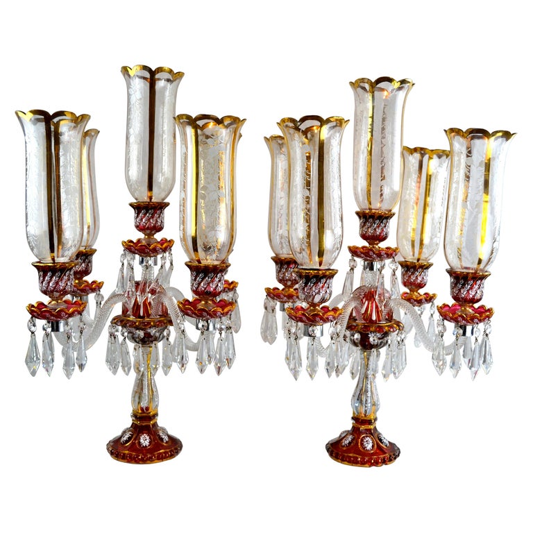 Pair of Baccarat Style Clear and Ruby Glass Hurricane Candelabra For