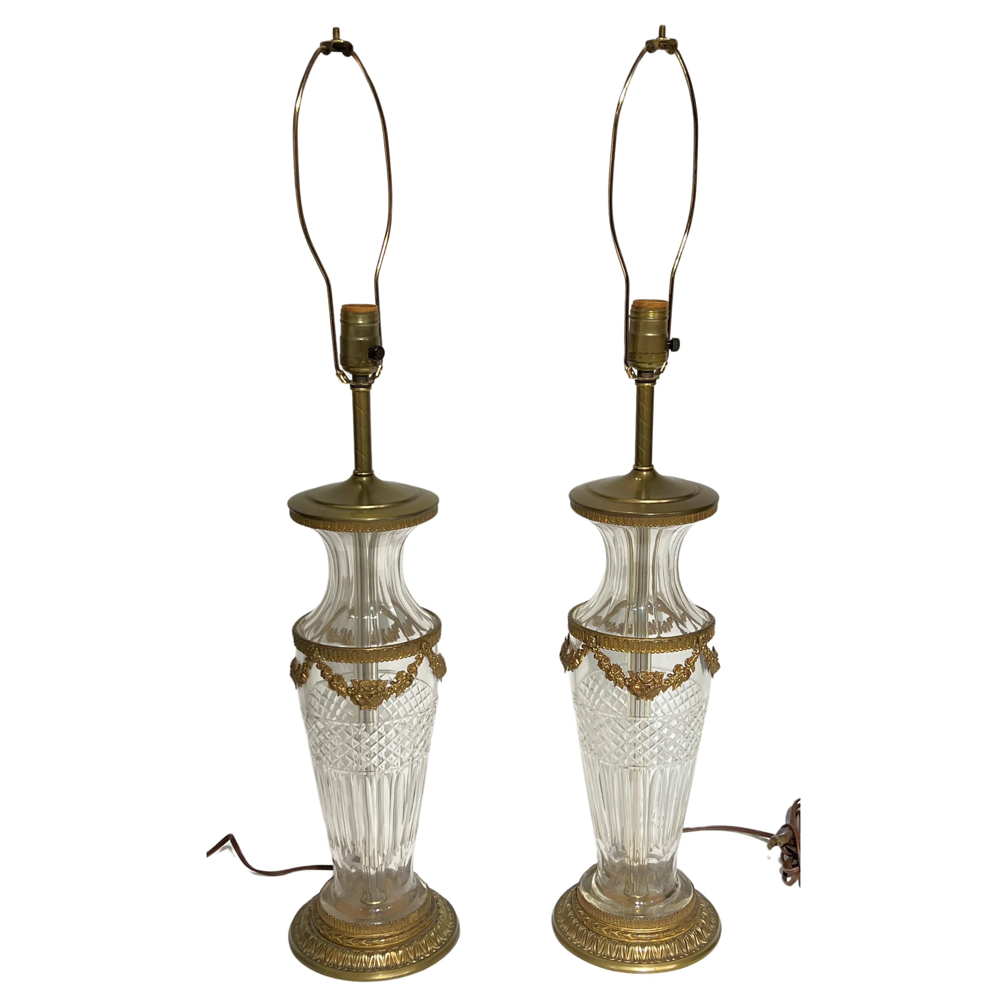 Pair Of Baccarat style crystal and gilt bronze  Table Lamps For Sale