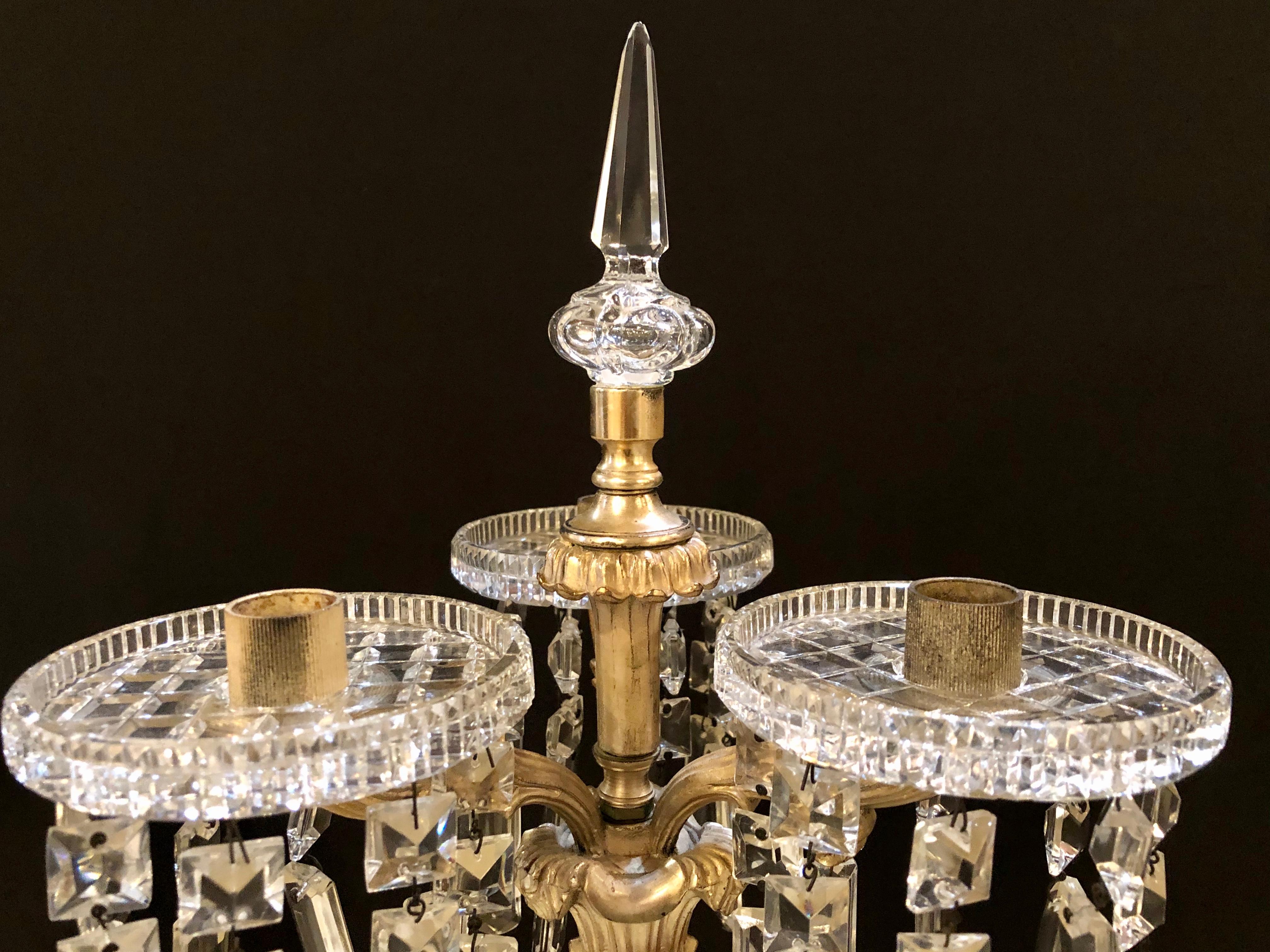 Neoclassical Pair of Baccarat Style Crystal Three-Arm Candelabras