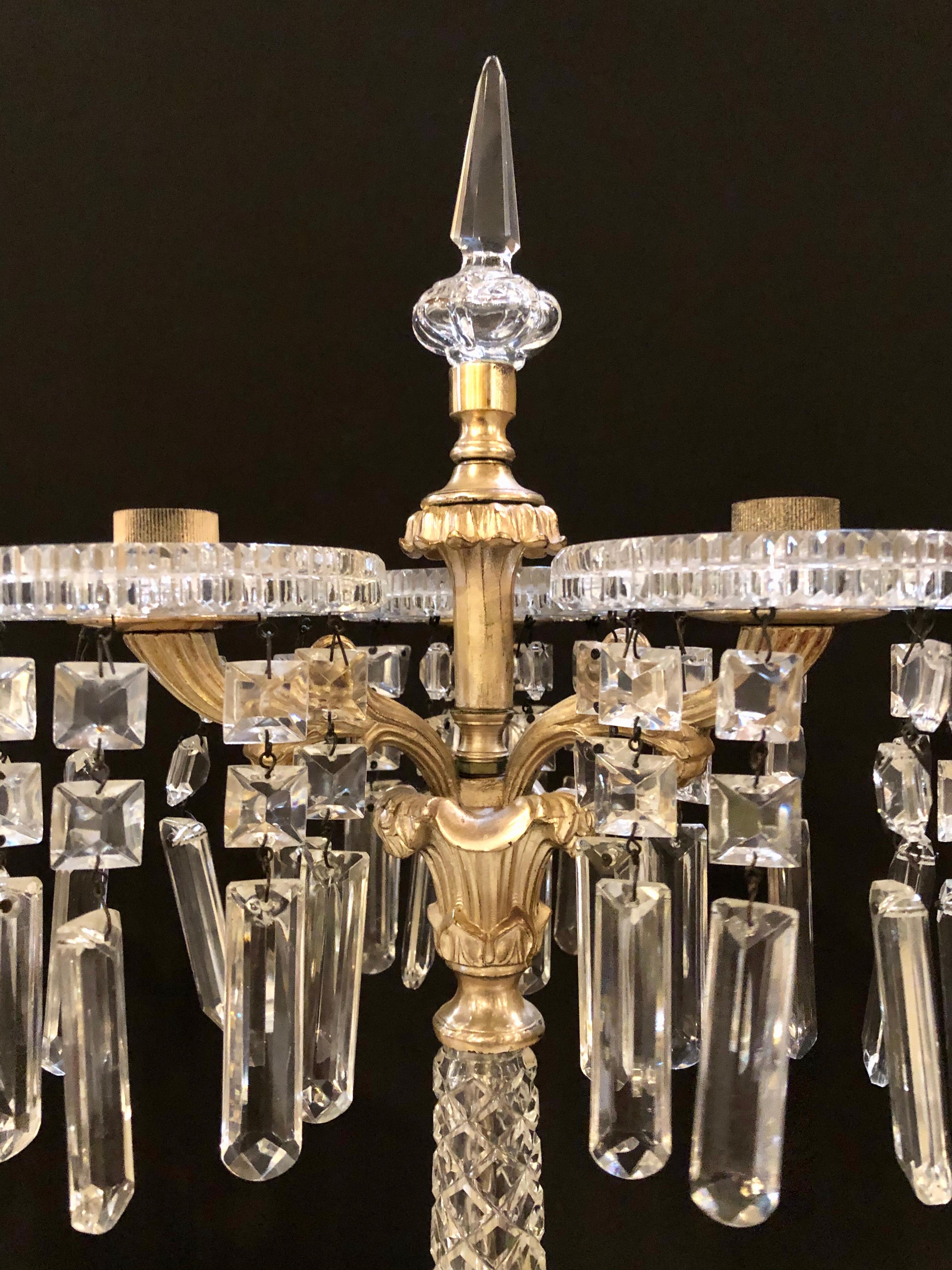 Pair of Baccarat Style Crystal Three-Arm Candelabras In Good Condition In Stamford, CT