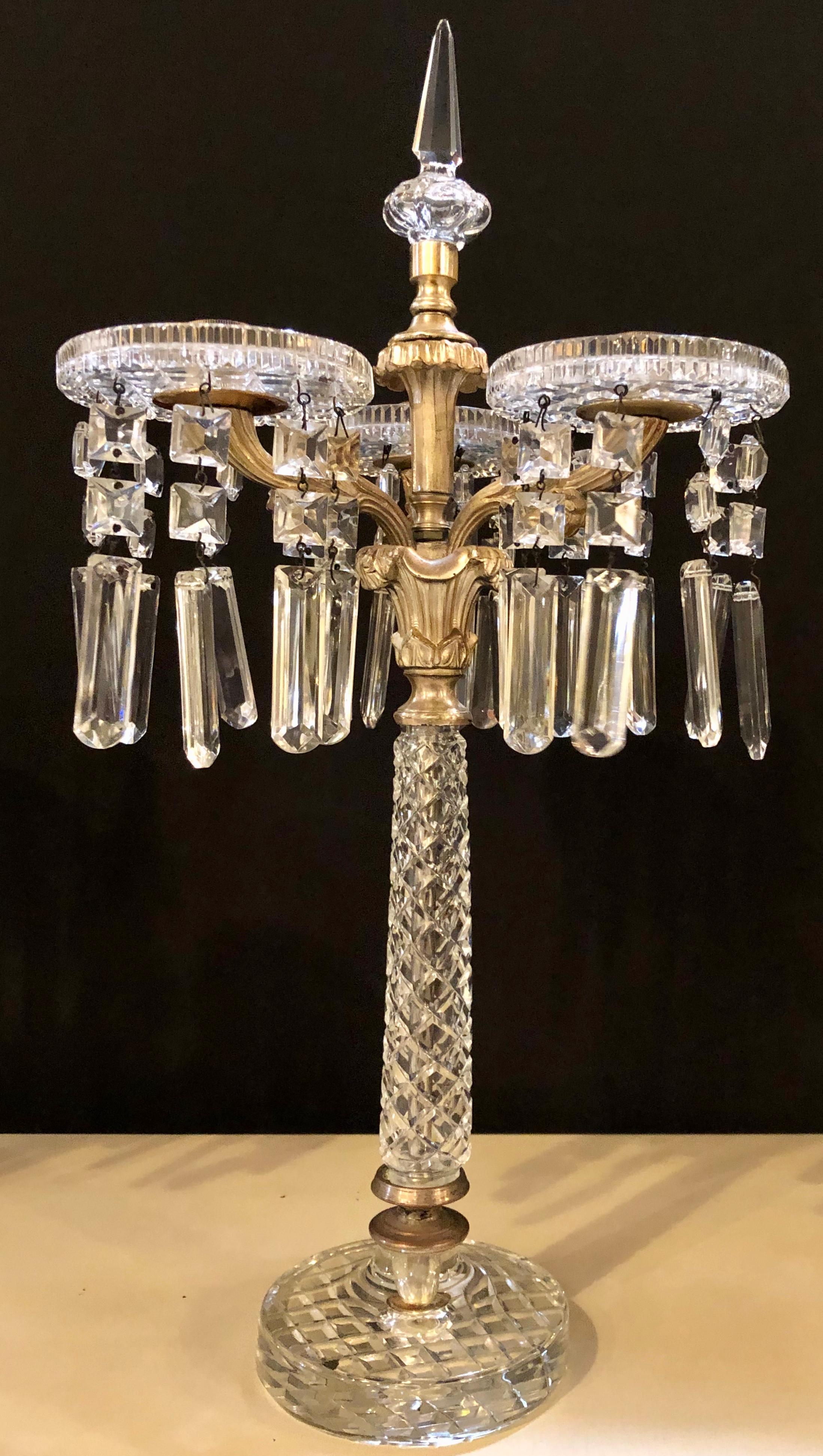 20th Century Pair of Baccarat Style Crystal Three-Arm Candelabras